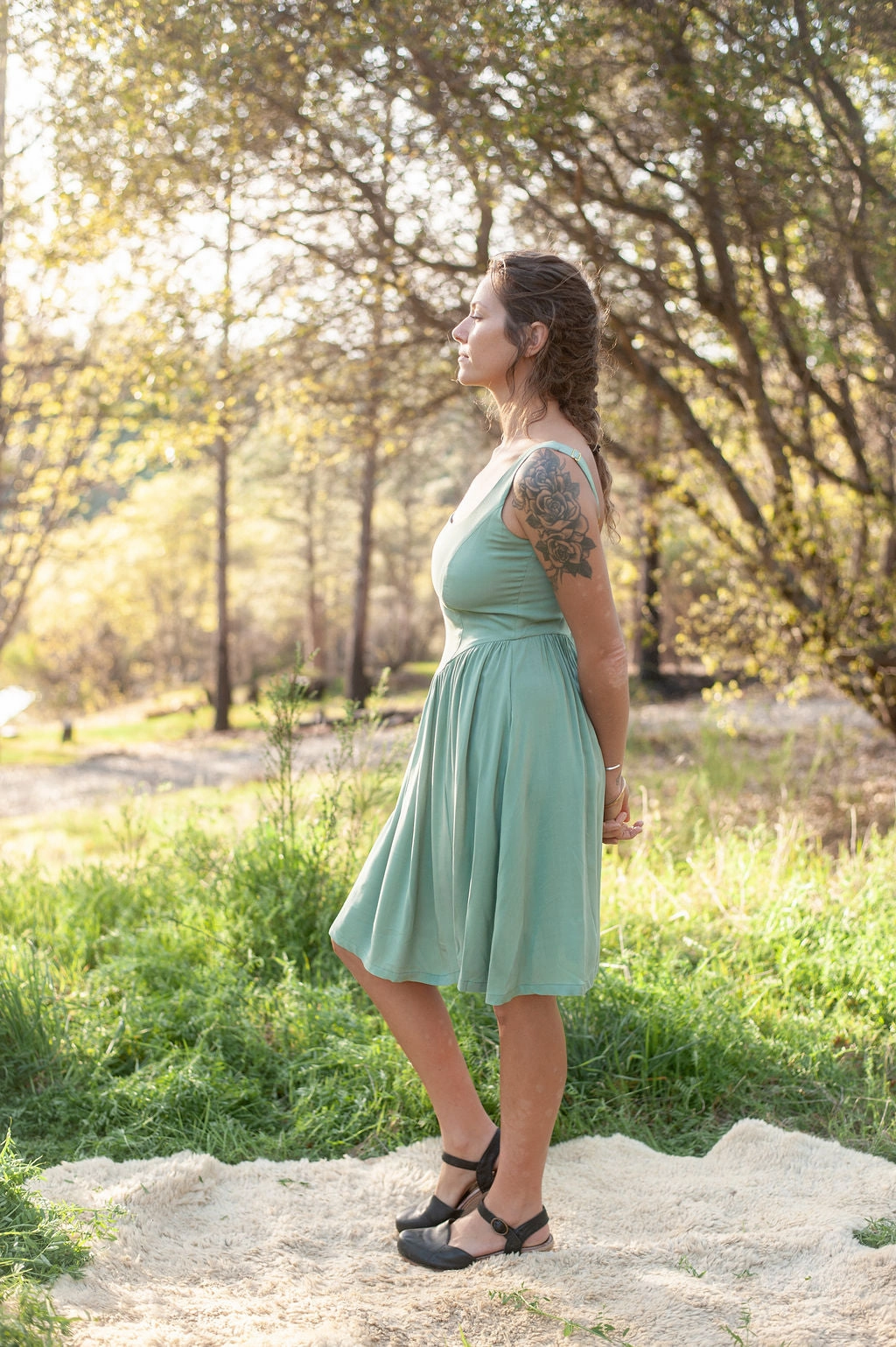Agnes dress in Sage Challis Cozy Balance Sharp Design