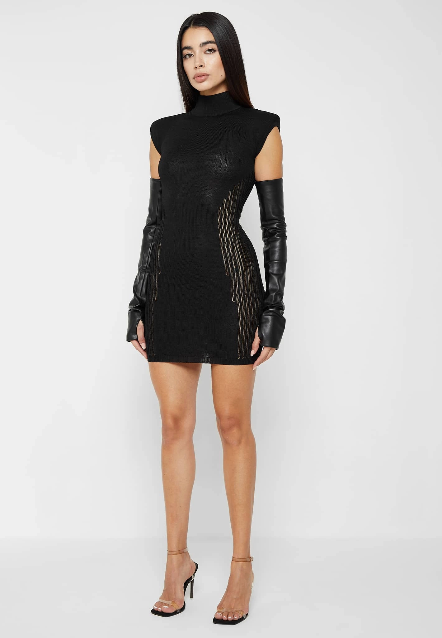 Knitted Contour Dress with Leather Sleeves - Black High-waist Street Elegance