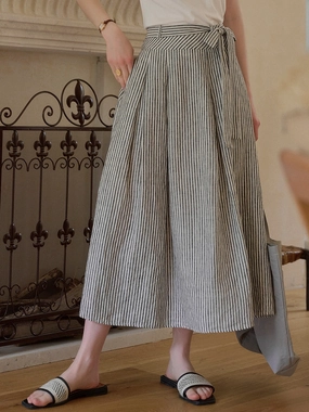 Ava Stripe Pleated 100% Linen Skirt Lightweight Wear Street Active
