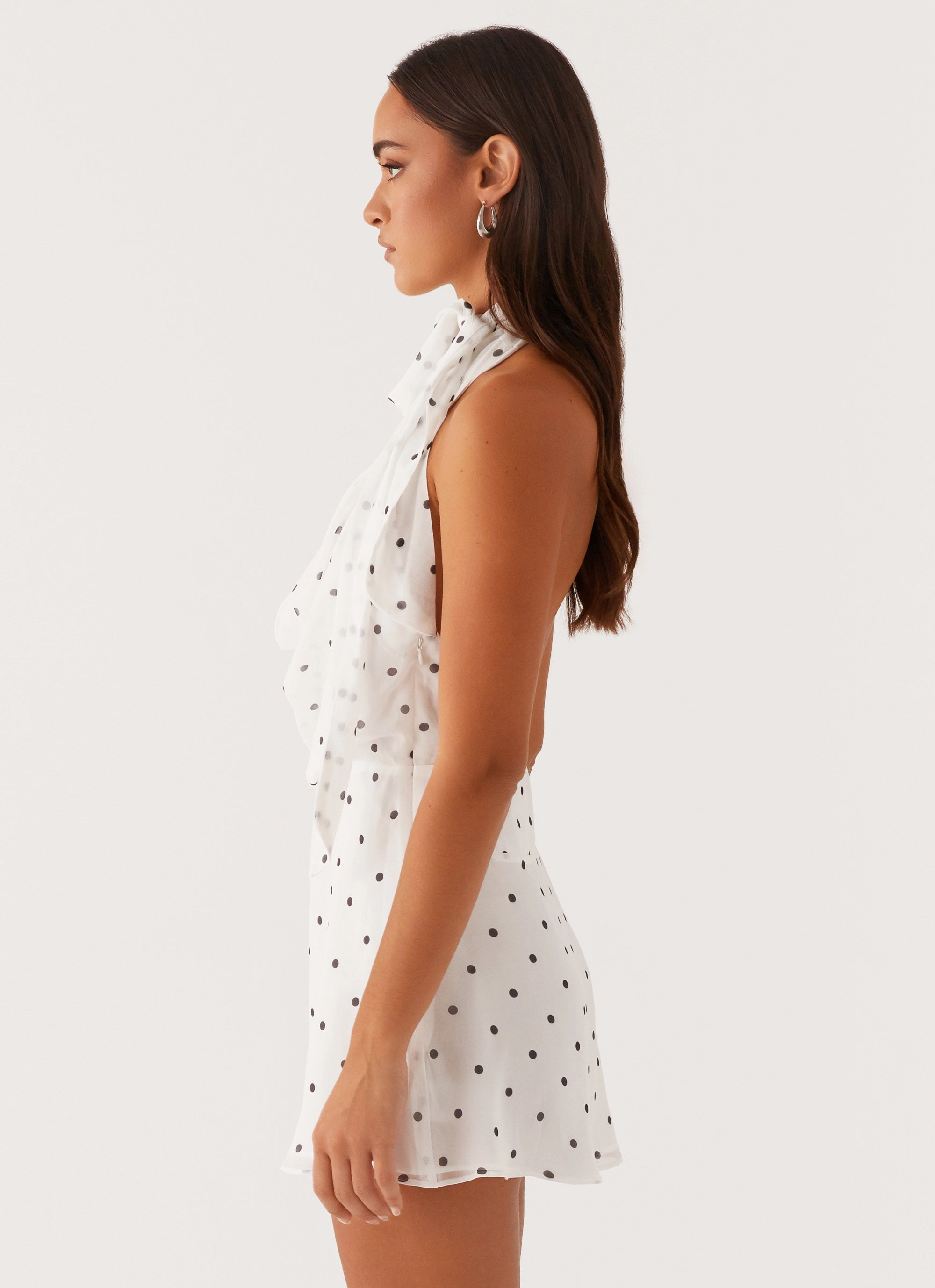 Sporty Edge Smart Comfort Avalia Backless Scarf Mini Dress - White Polka Dot