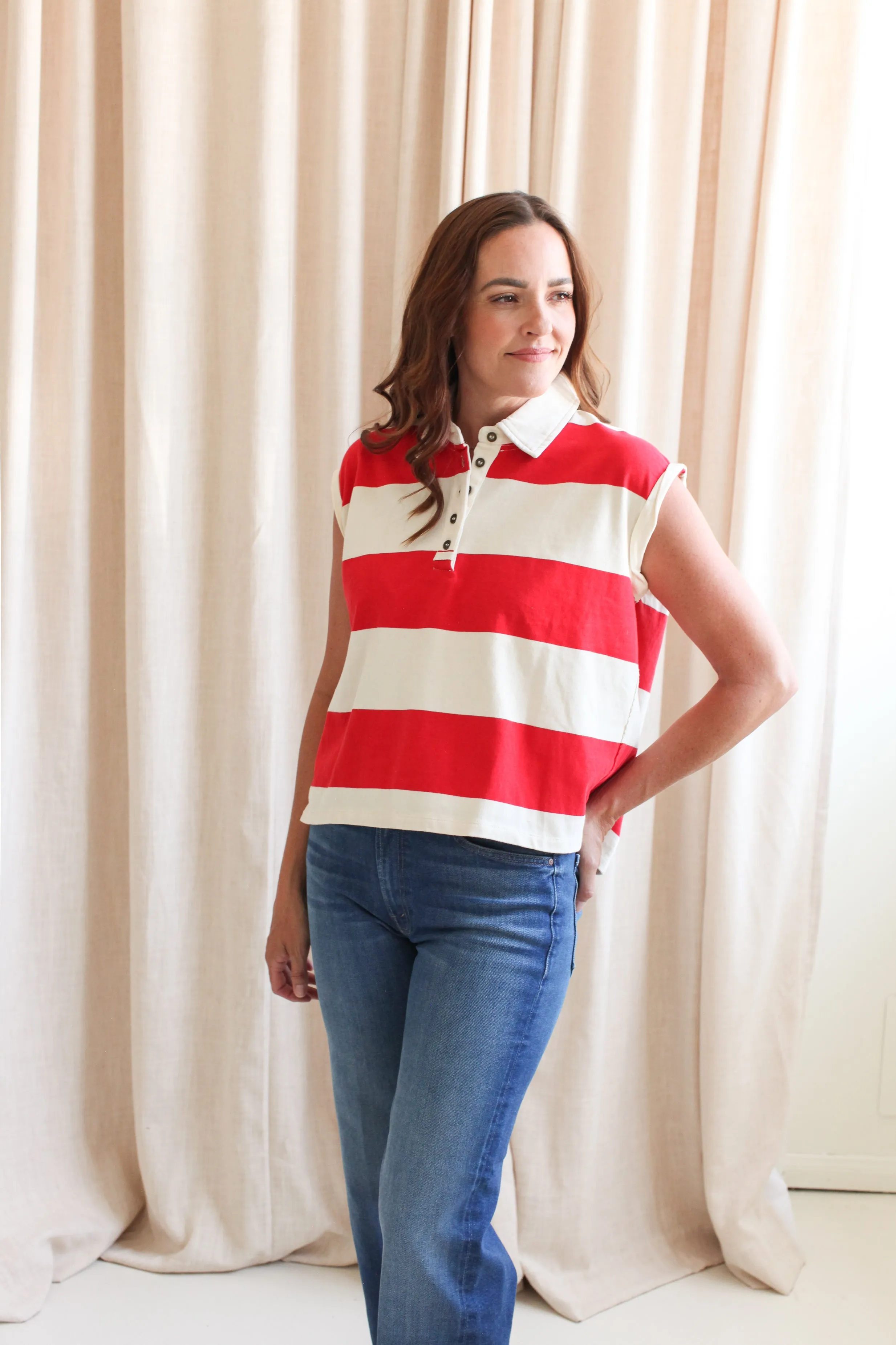 Avery Red Stripe Polo Button Down Collar