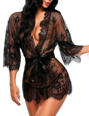 Avidlove lingerie robe Women's Lace Kimono Robe Babydoll Lingerie Mesh Nightgown Black M