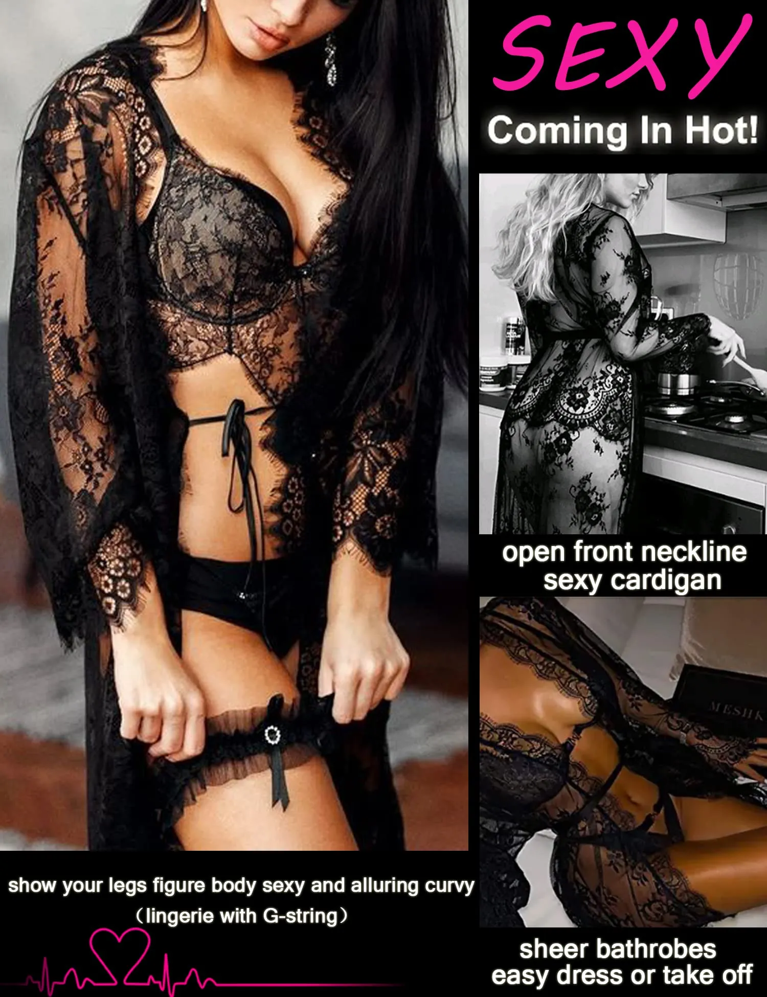 Avidlove lingerie robe Women's Lace Kimono Robe Babydoll Lingerie Mesh Nightgown Black M