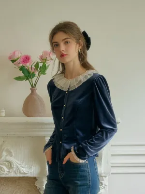 Cozy Layer Azaria Lace Collar Contrasting Velvet Top - Blue