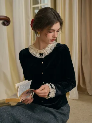 Azaria Round Collar Contrasting Lace Panel Bow Velvet Top - Black Reversible design