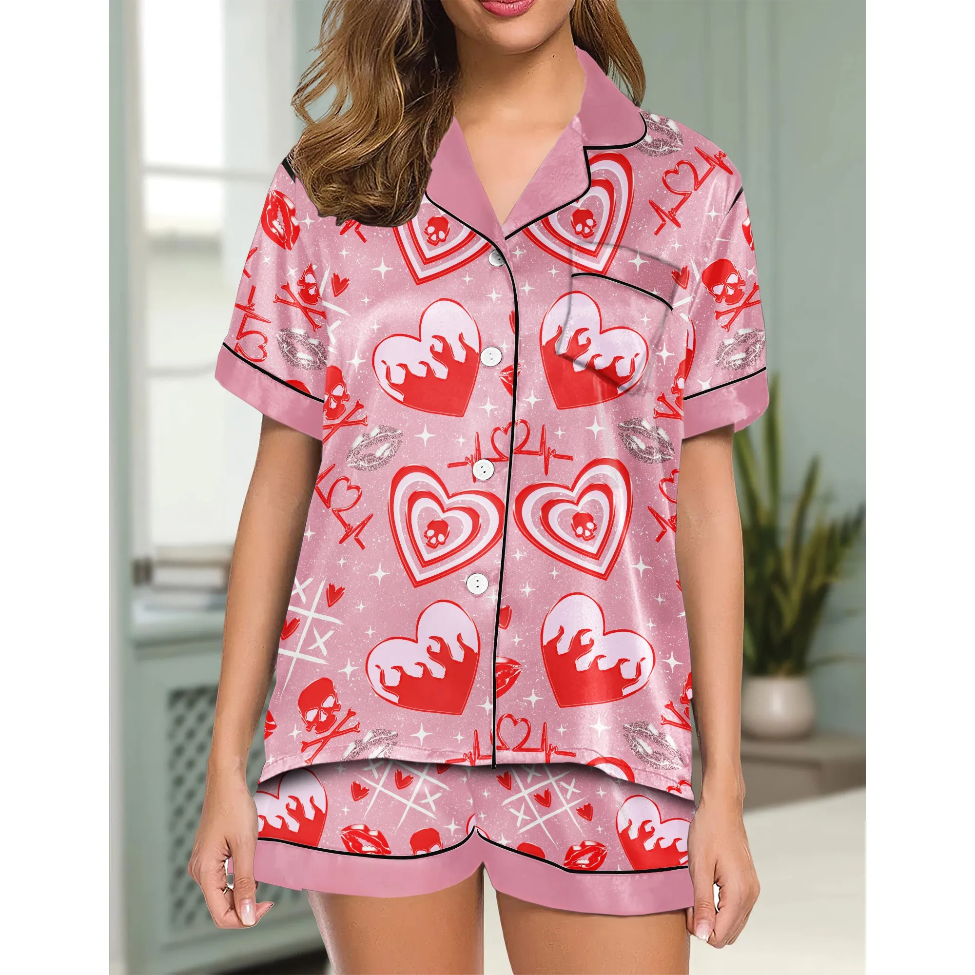 Baby Heart Skull Women's Pajama Sets Top Sleeve & Short Bottom