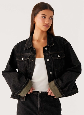 Camping Trip Back Again Oversized Denim Jacket - Acid Charcoal