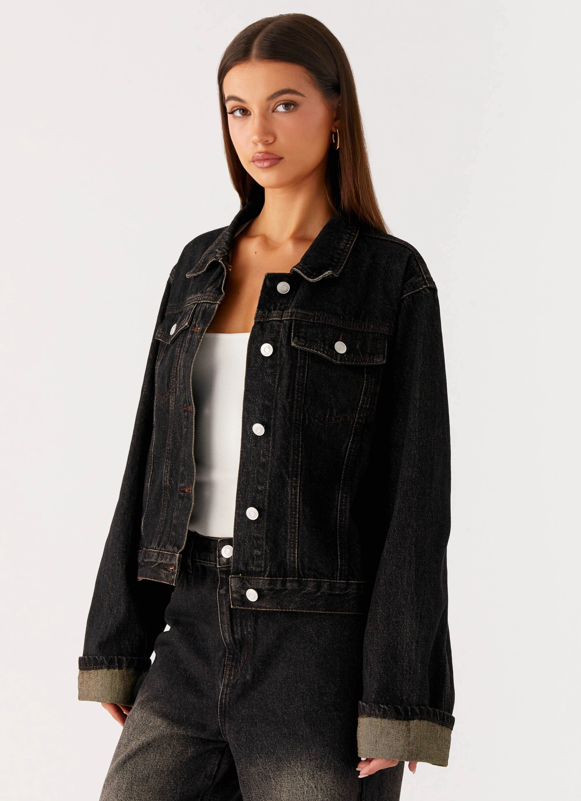 Non Bulky Insulation Back Again Oversized Denim Jacket - Acid Charcoal