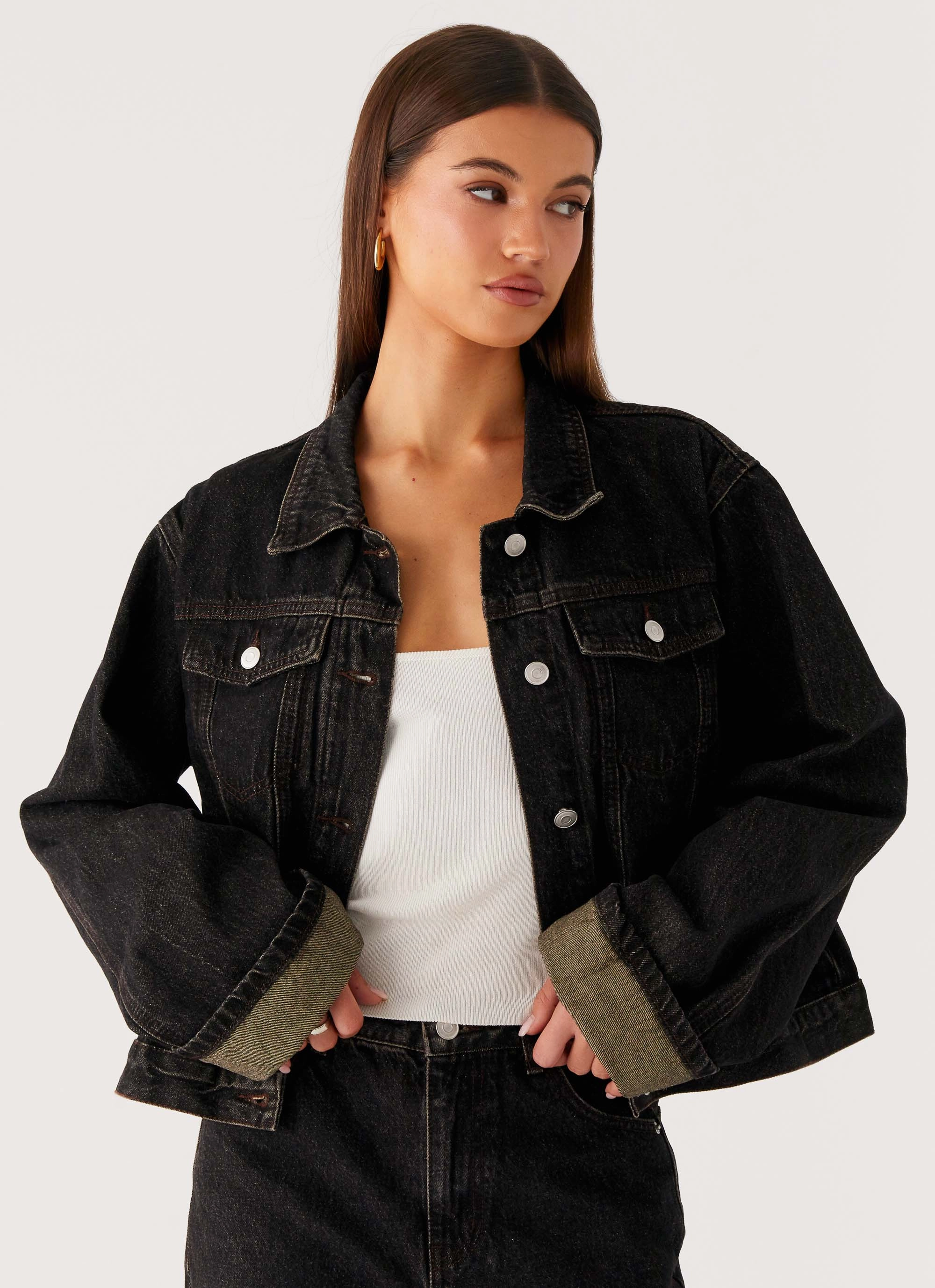 Camping Trip Back Again Oversized Denim Jacket - Acid Charcoal