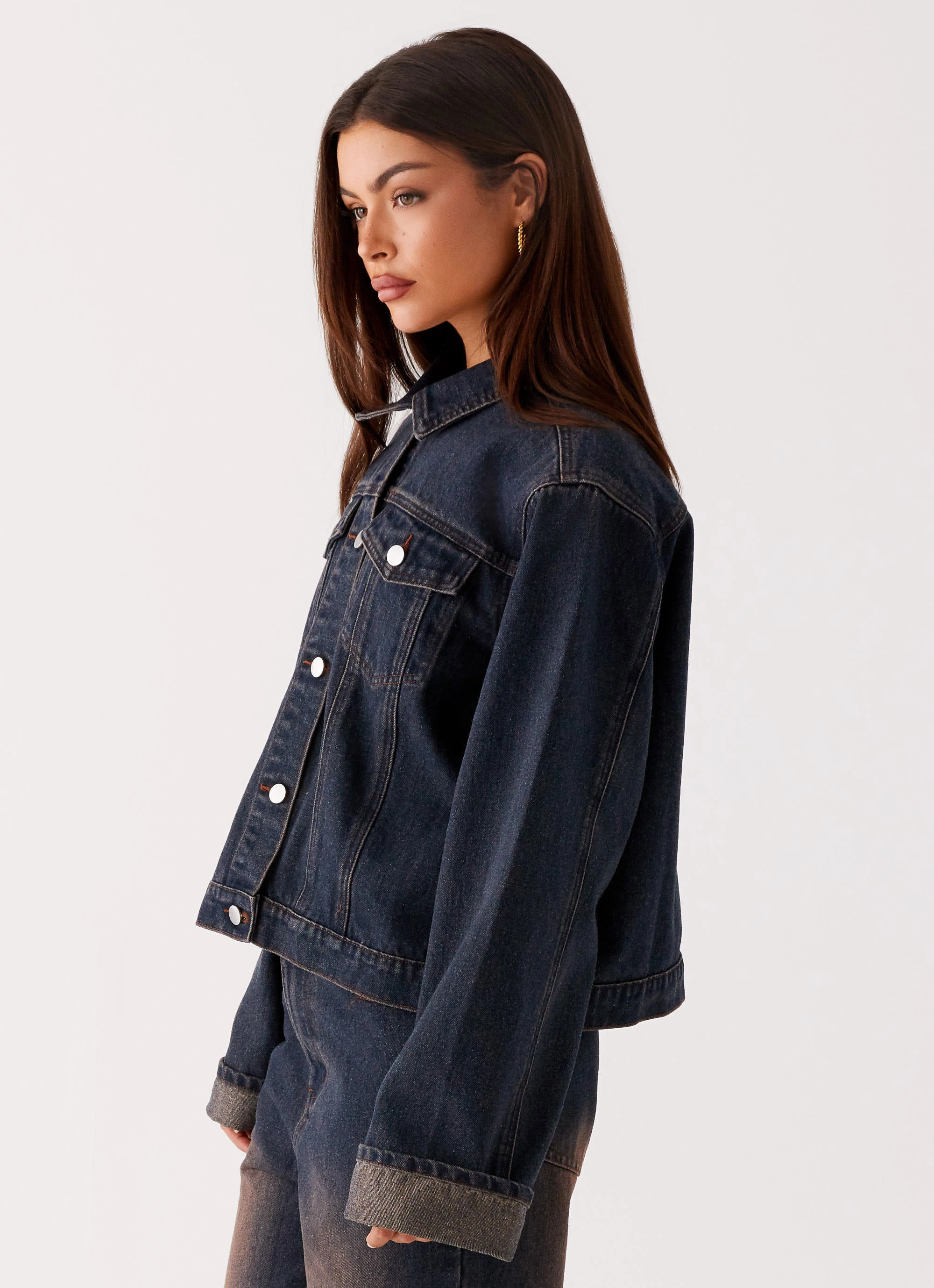 Eyeliner Back Again Oversized Denim Jacket - Brown Blue Acid Wash