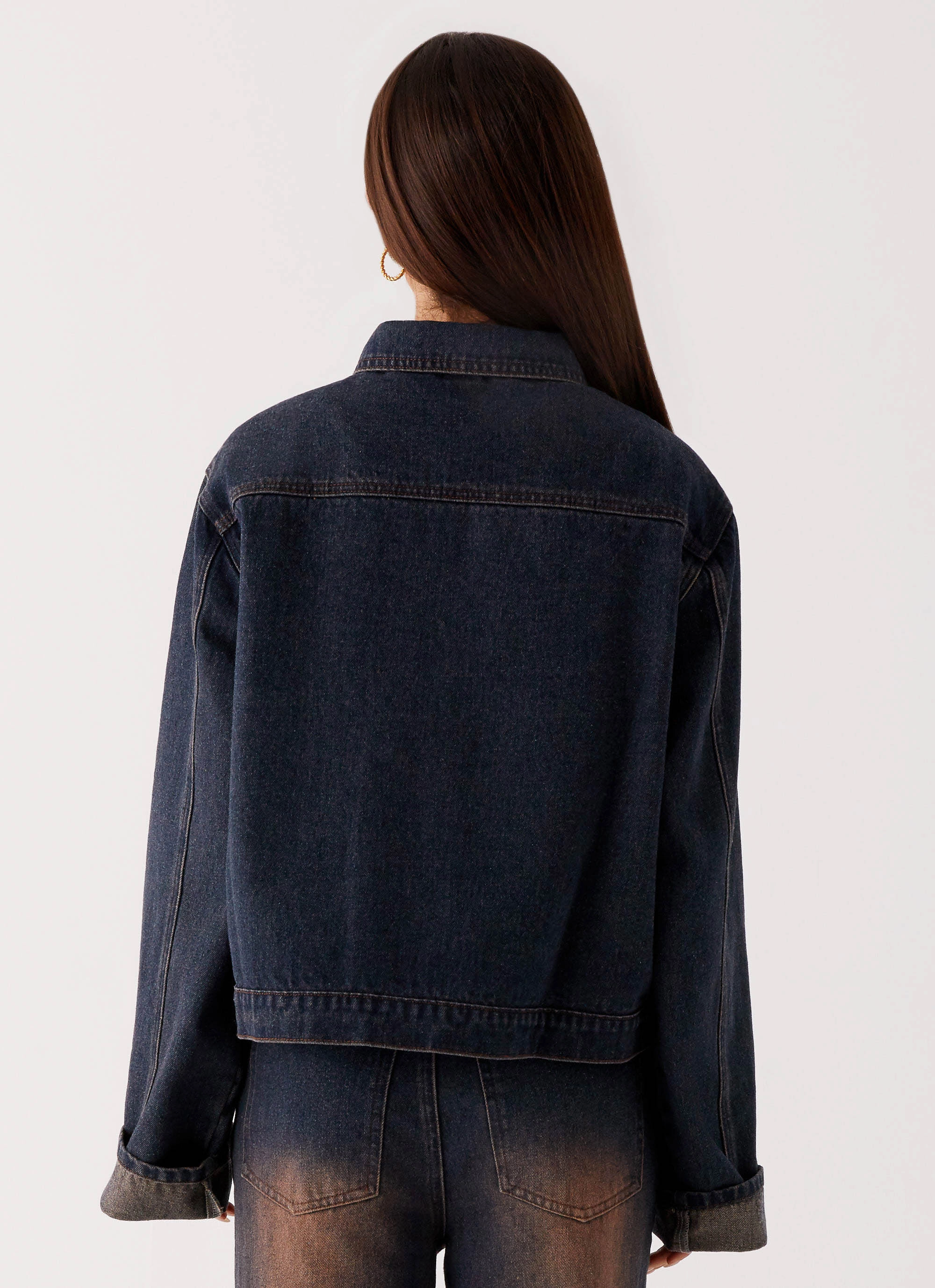 Adjustable Hood Statement Back Again Oversized Denim Jacket - Brown Blue Acid Wash