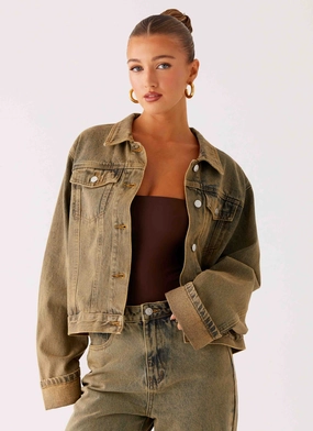 Back Again Oversized Denim Jacket - Brown Sand Wash everyday staple Motivate