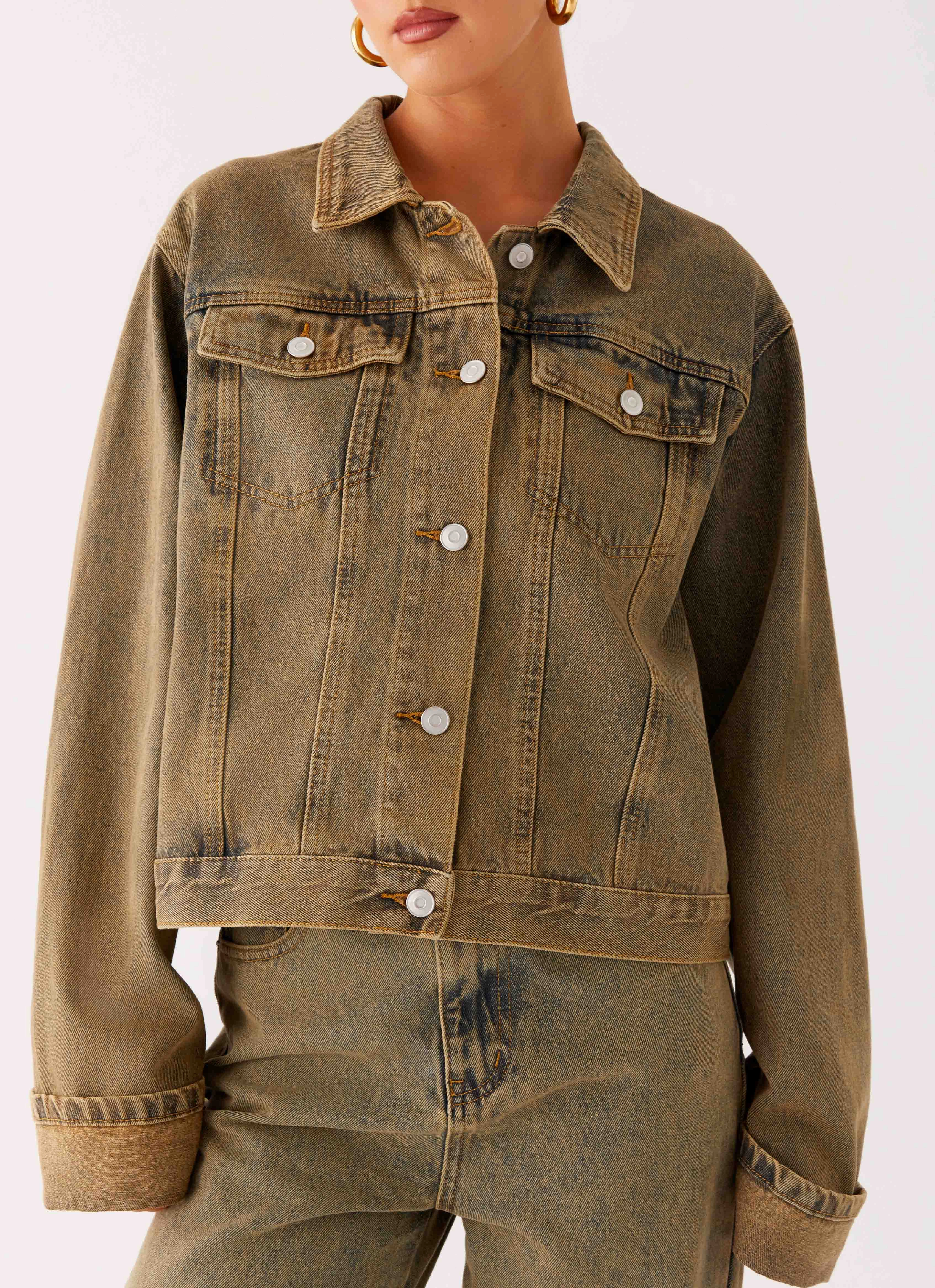 Chic Comfort graduation Back Again Oversized Denim Jacket - Brown Sand Wash