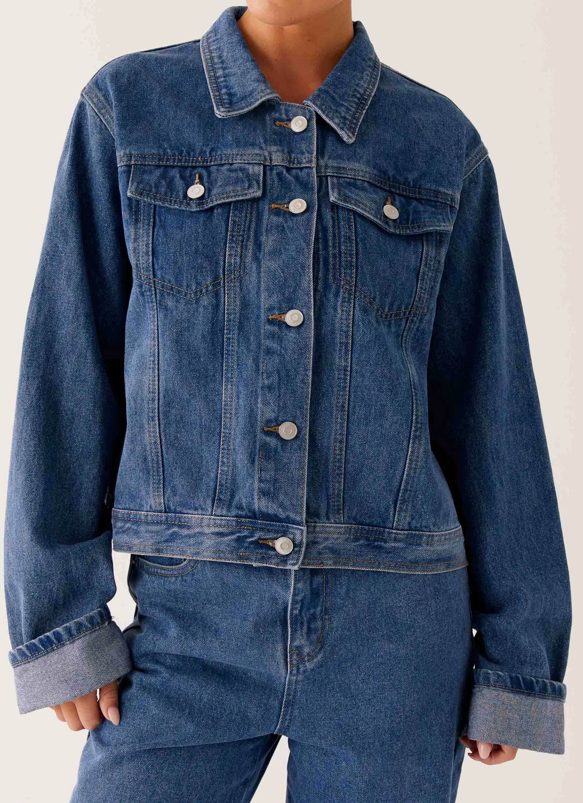 Back Again Oversized Denim Jacket - True Blue Recycled Polyester Blend Facilitate
