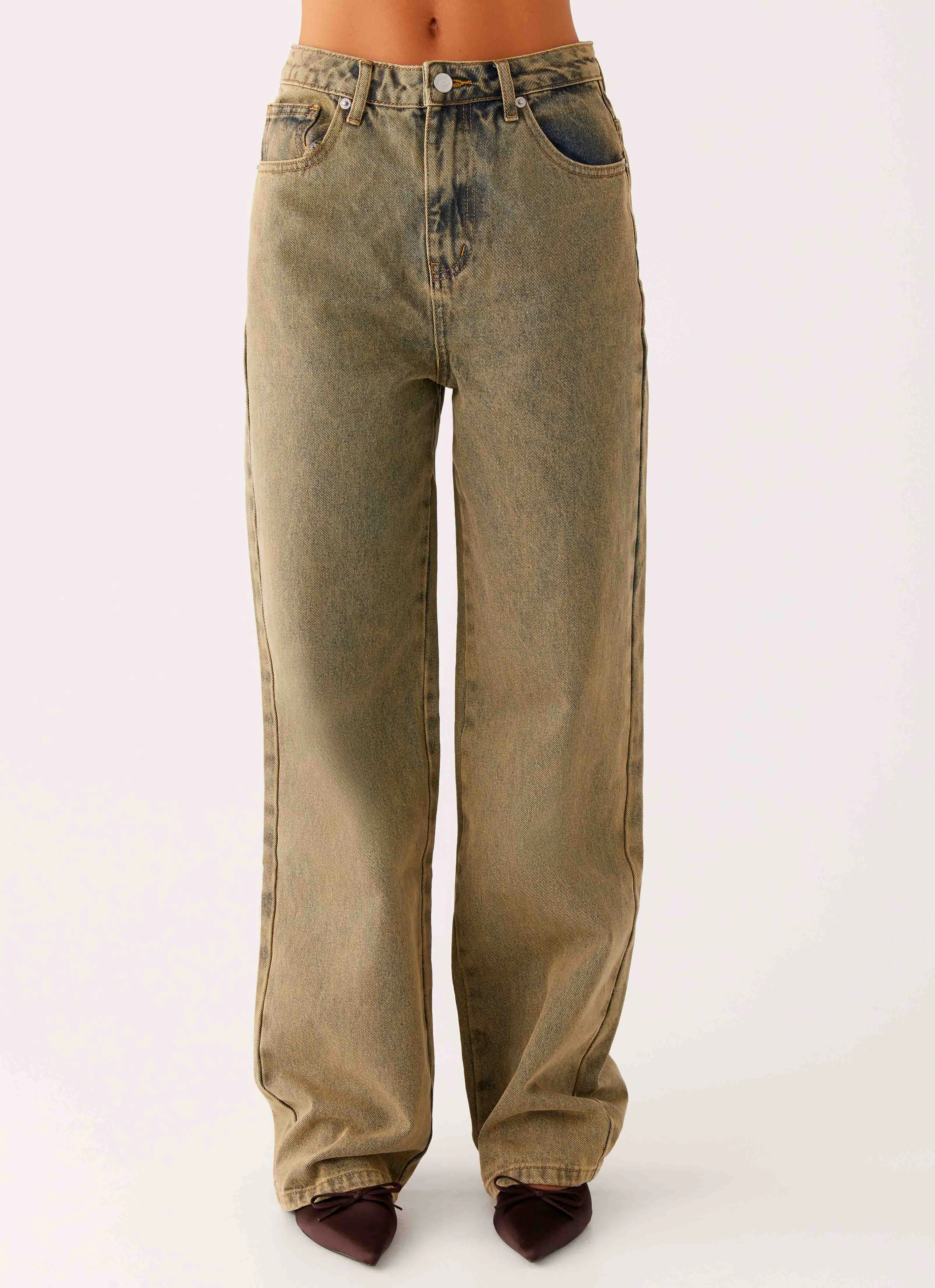 Back Again Straight Leg Denim Jeans - Brown Sand Wash Cool Fit Minimal Fit