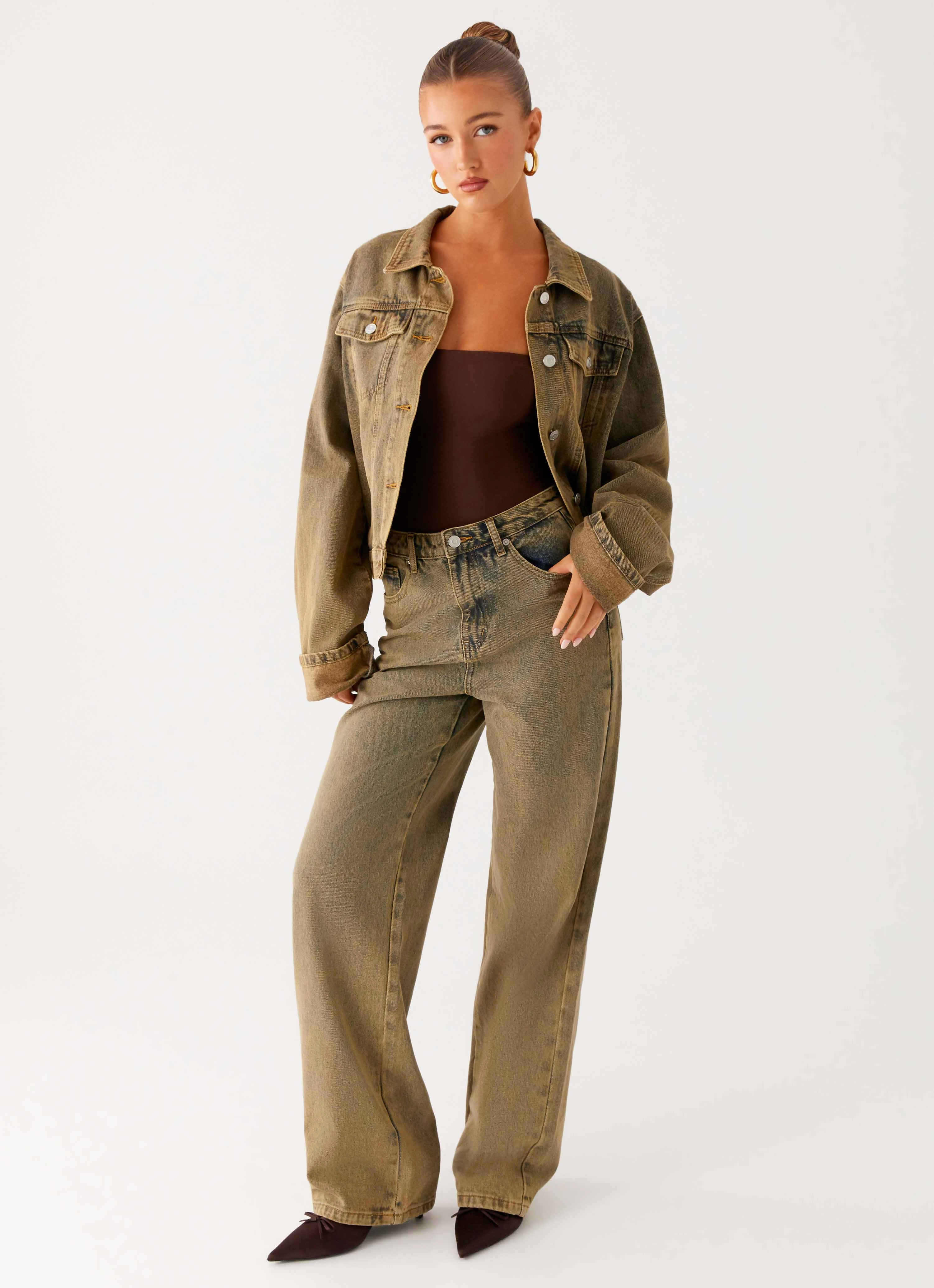 Back Again Straight Leg Denim Jeans - Brown Sand Wash Lightweight Material