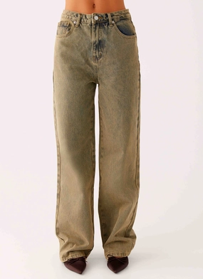Back Again Straight Leg Denim Jeans - Brown Sand Wash Cool Fit Minimal Fit