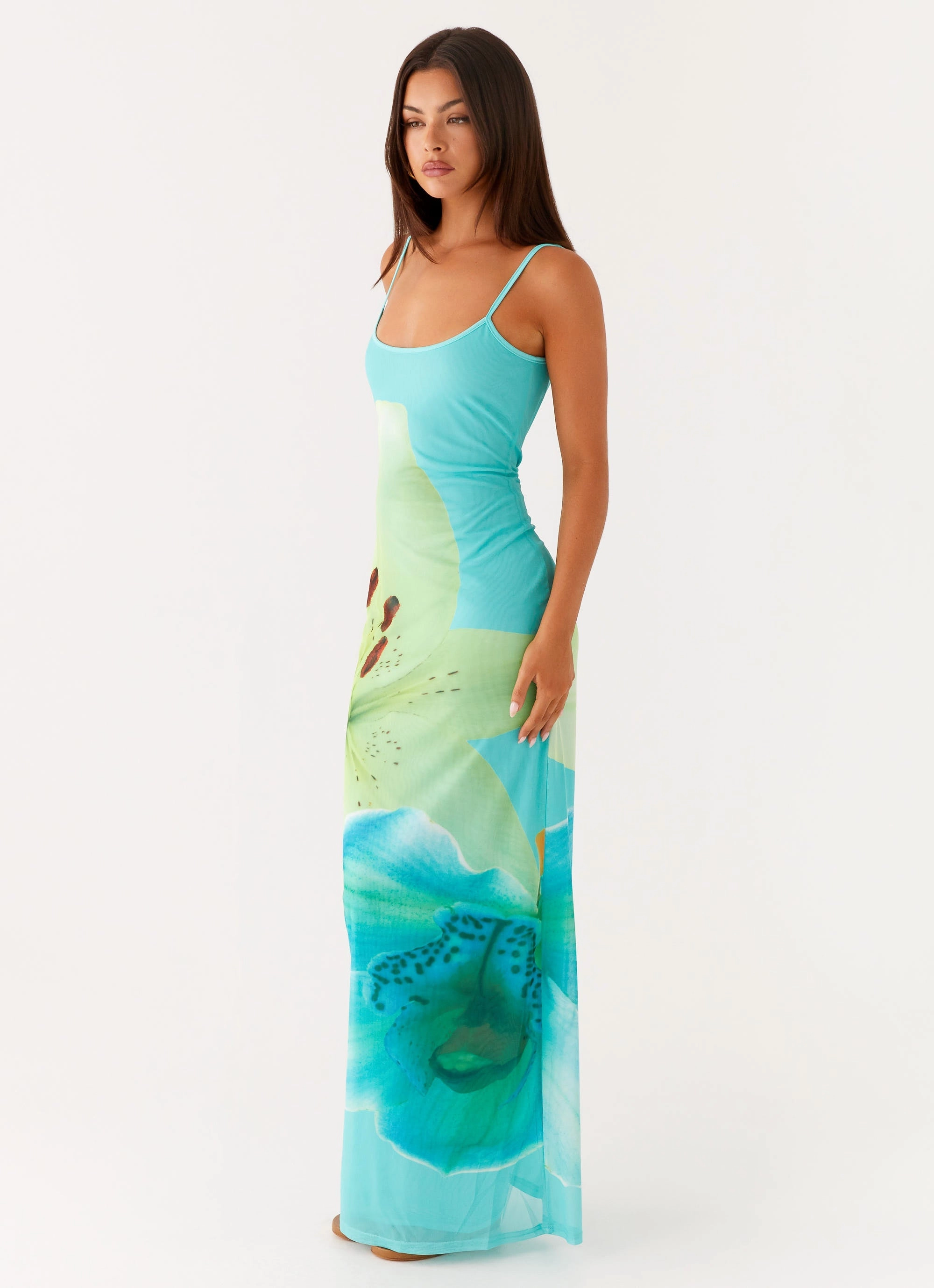Artistic Shape Breathable-Lining Bad News Mesh Maxi Dress - Turquoise Floral