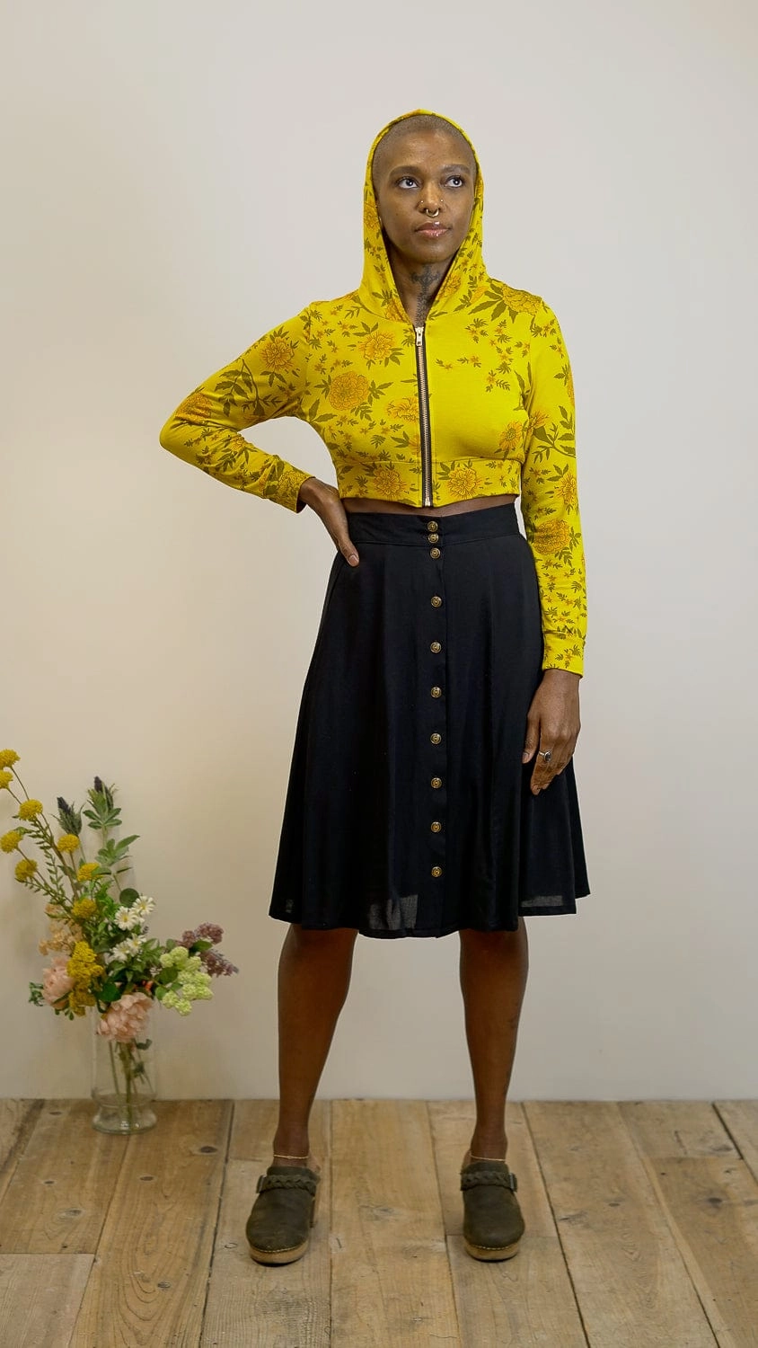 Bae Skirt in Black Challis Full Motion Hidden Zip Pockets