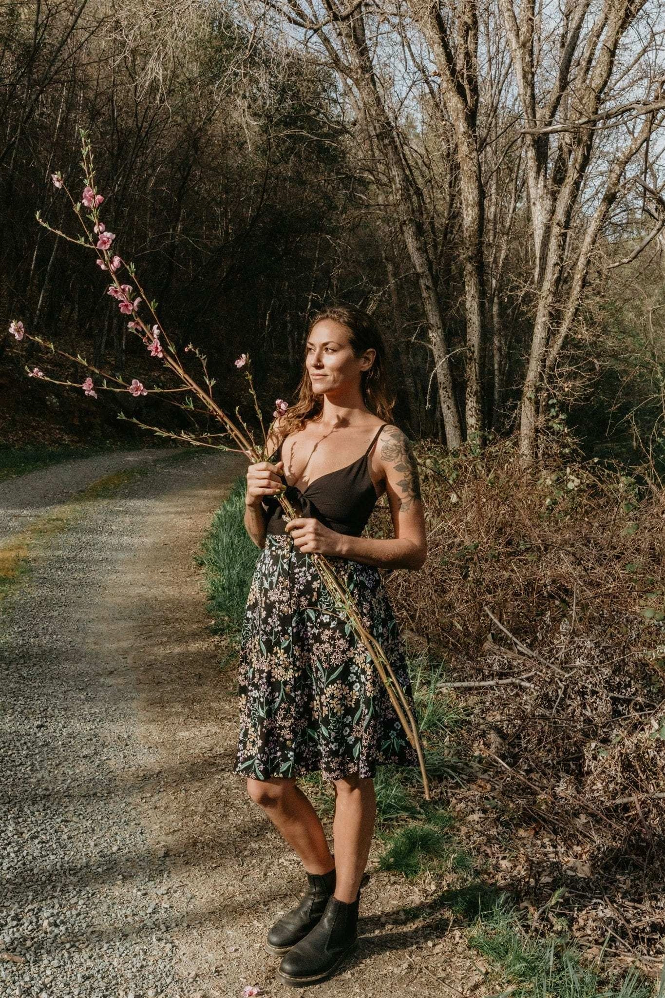 Bae Skirt in Black Herbal Challis Tear Resistant Fabric