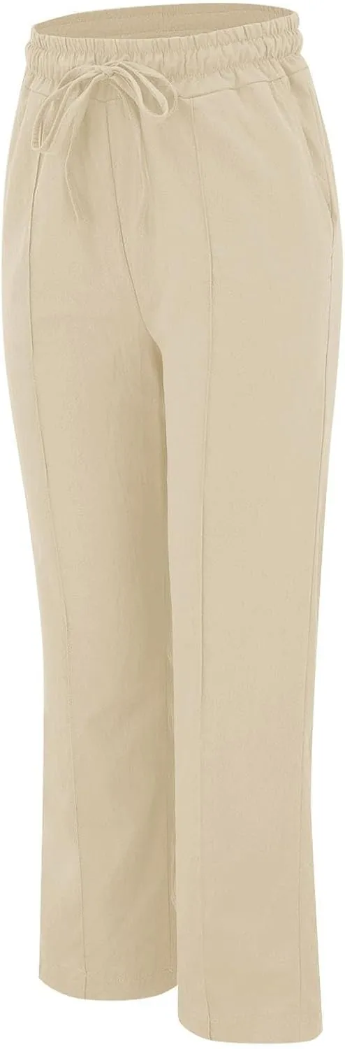 Baggy Linen Pants Women Drawstring High Waisted Straight Wide Leg Pants Lightweight Beach Trousers with Pockets