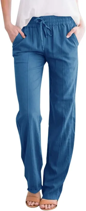 Baggy Linen Pants Women Drawstring High Waisted Straight Wide Leg Pants Lightweight Beach Trousers with Pockets