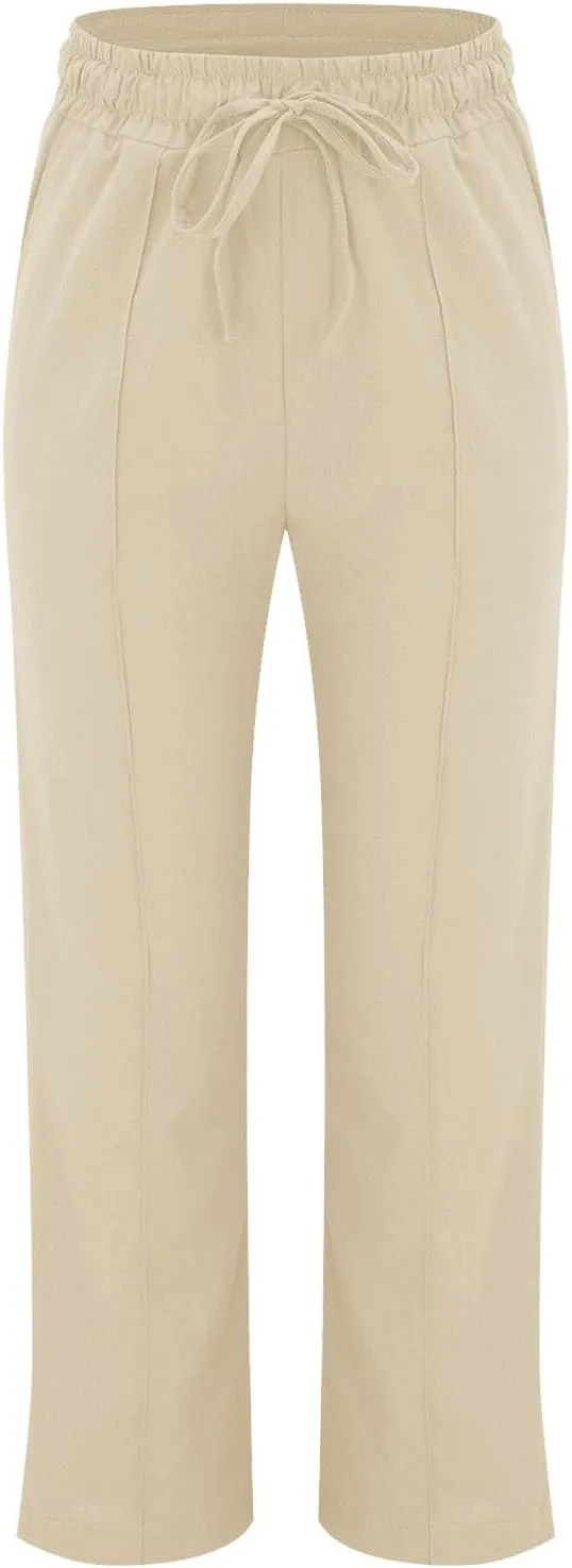 Baggy Linen Pants Women Drawstring High Waisted Straight Wide Leg Pants Lightweight Beach Trousers with Pockets