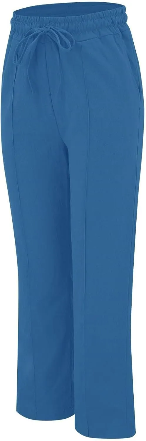 Baggy Linen Pants Women Drawstring High Waisted Straight Wide Leg Pants Lightweight Beach Trousers with Pockets