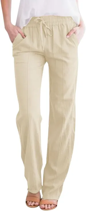 Baggy Linen Pants Women Drawstring High Waisted Straight Wide Leg Pants Lightweight Beach Trousers with Pockets