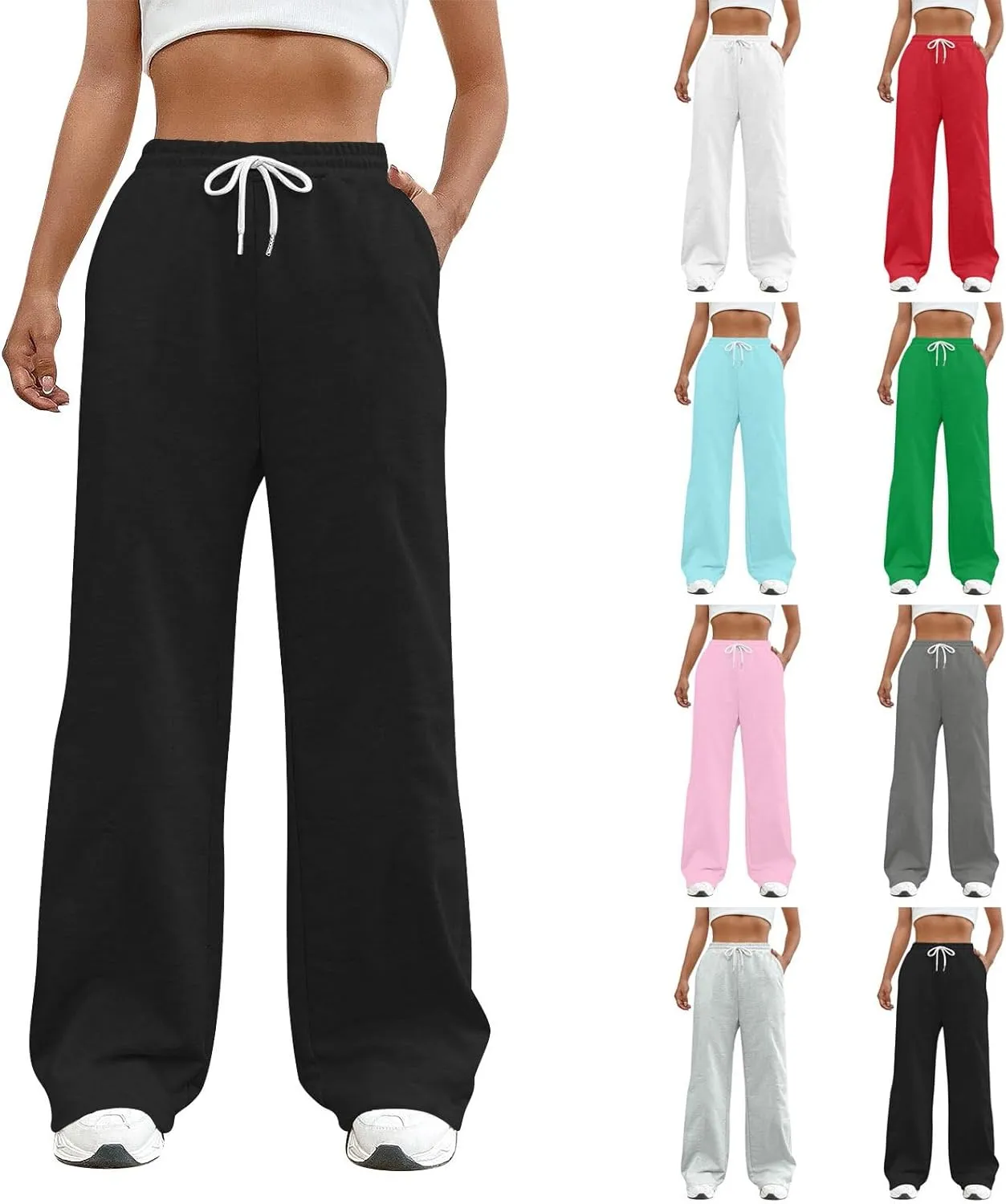 Baggy Wide Leg Sweatpants for Women Drawstring High Waisted Fleece Joggers Comfy Lounge Workout Pants with Pockets