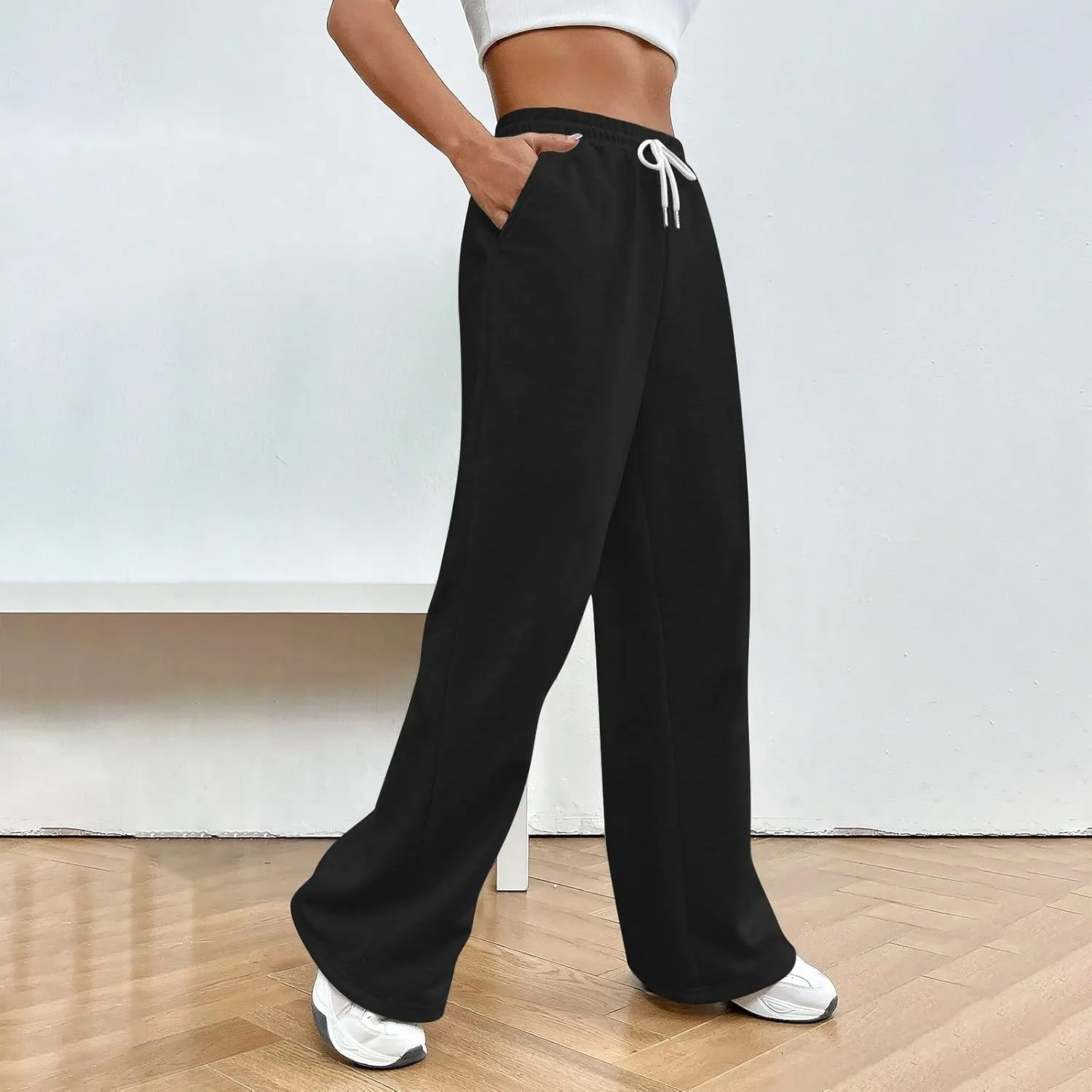 Baggy Wide Leg Sweatpants for Women Drawstring High Waisted Fleece Joggers Comfy Lounge Workout Pants with Pockets