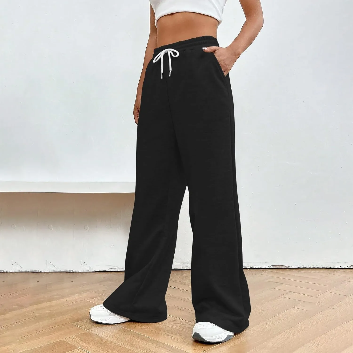 Baggy Wide Leg Sweatpants for Women Drawstring High Waisted Fleece Joggers Comfy Lounge Workout Pants with Pockets