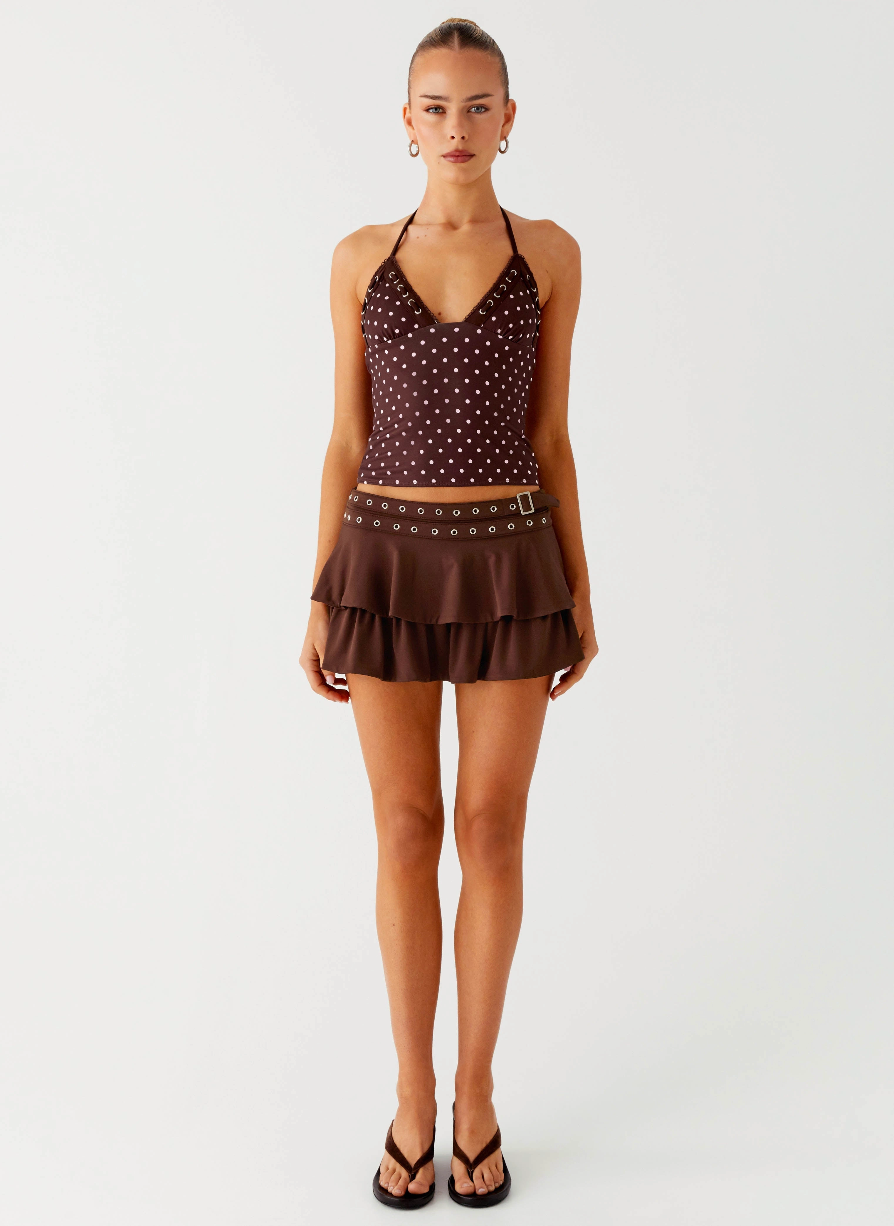 Bahama Eyelet Lace Up Top - Chocolate Strawberry Dot FourWay Stretch