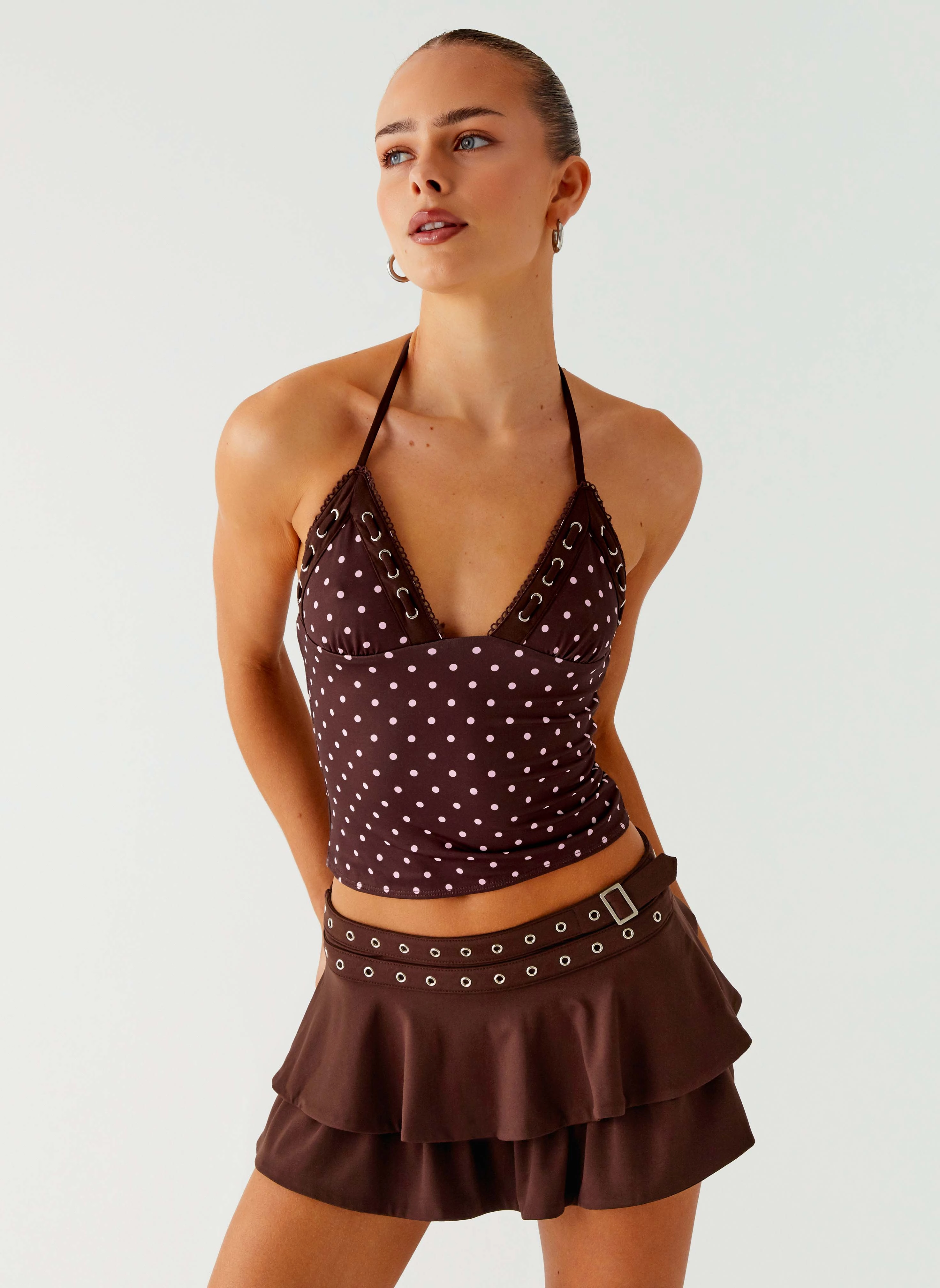 Bahama Eyelet Lace Up Top - Chocolate Strawberry Dot Hygroscopic Inner Layer