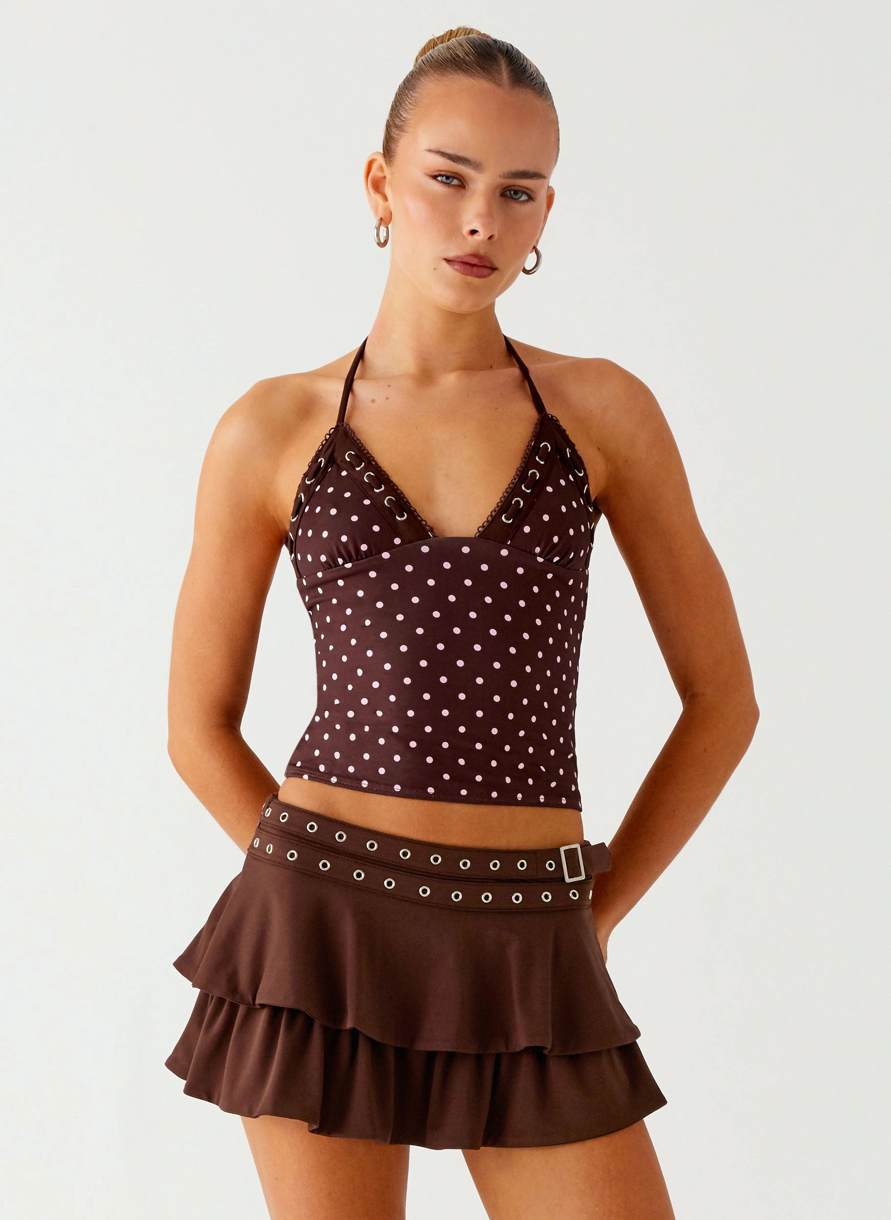 Bahama Eyelet Lace Up Top - Chocolate Strawberry Dot NonRestrictive Cut TonalStitching