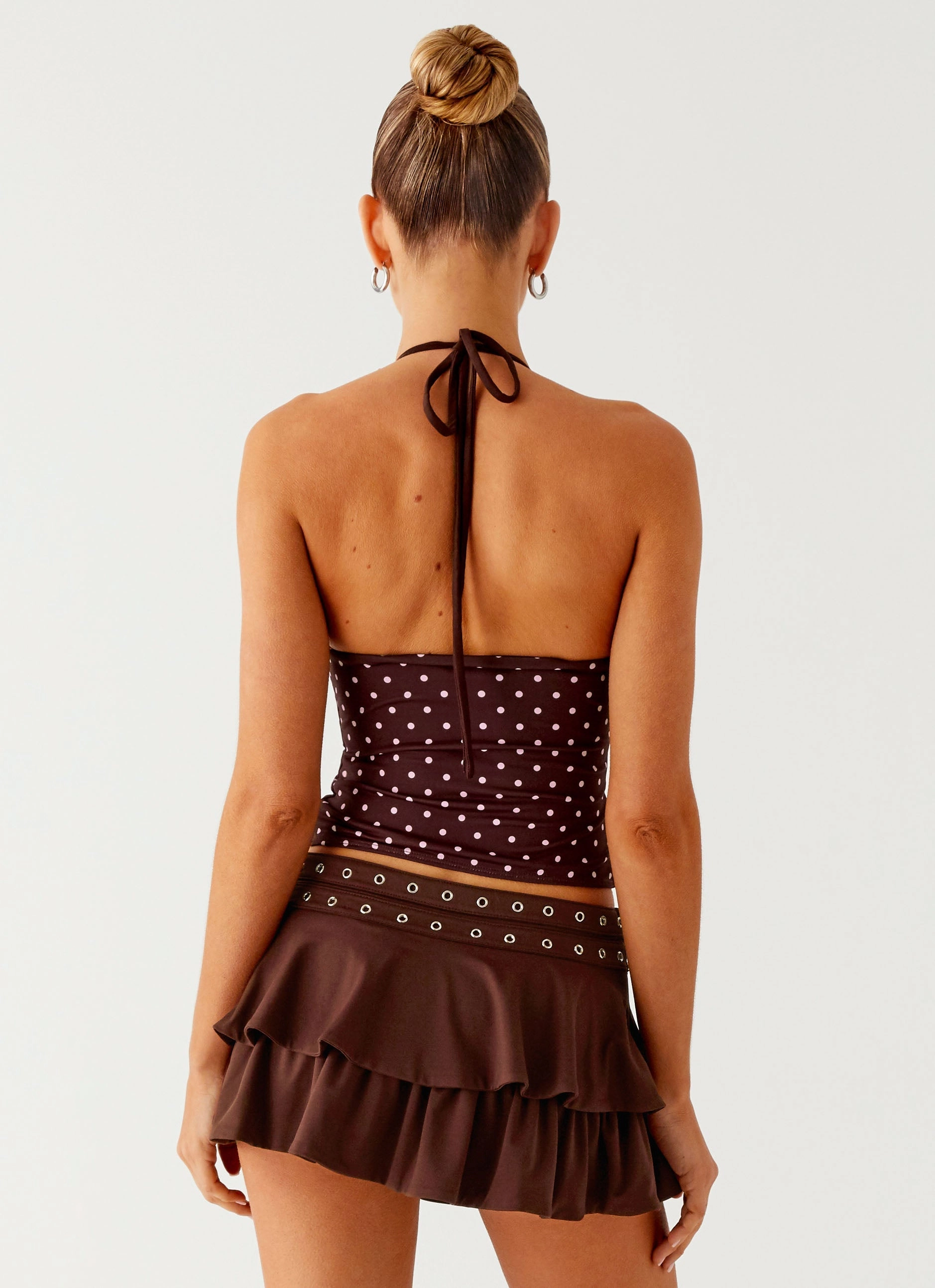 Bahama Eyelet Lace Up Top - Chocolate Strawberry Dot Reinforced Stitching Interlock Stitch Detail