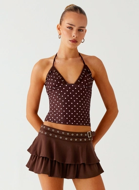 Bahama Eyelet Lace Up Top - Chocolate Strawberry Dot NonRestrictive Cut TonalStitching