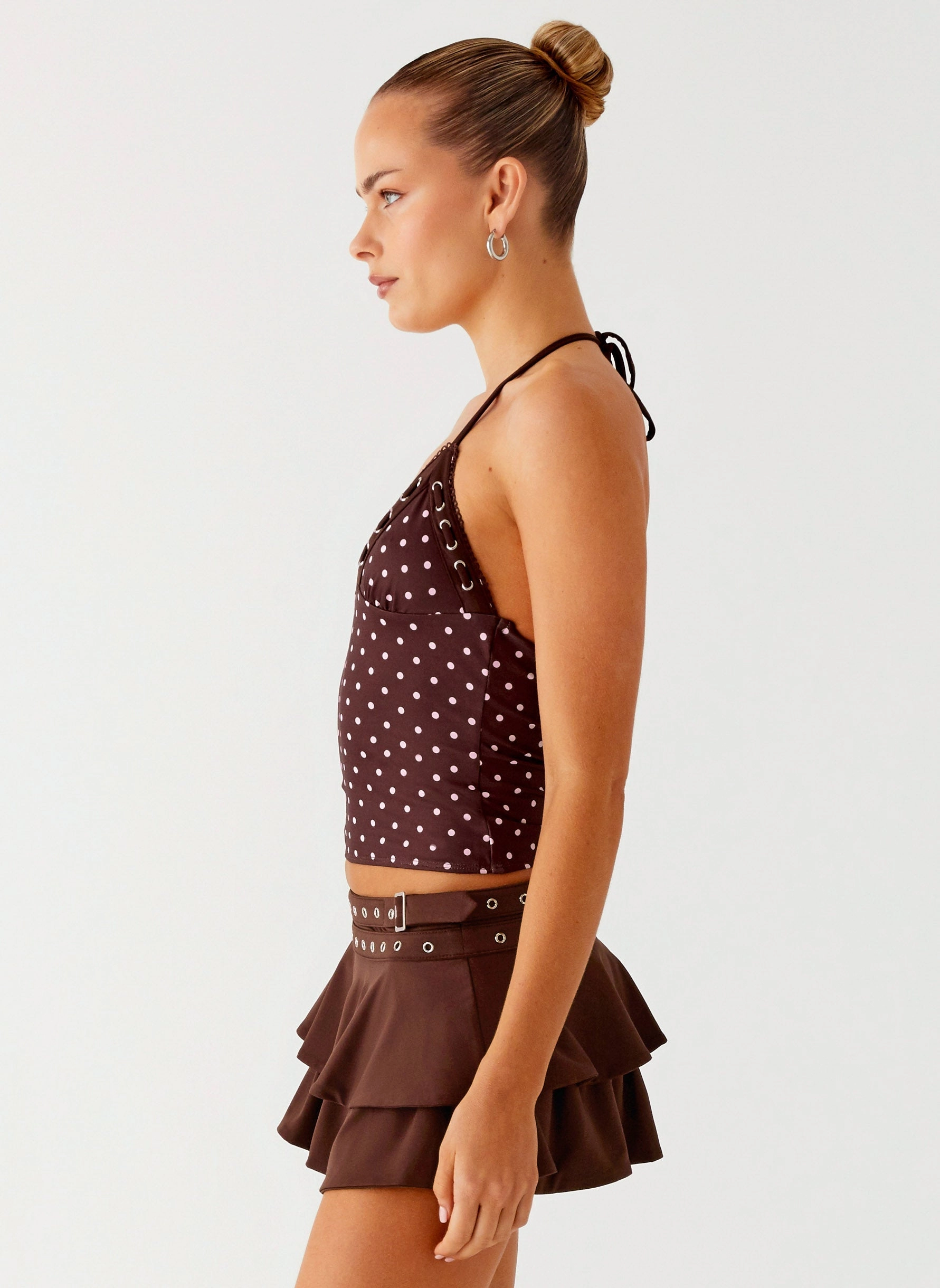 ButterySoftTextile Curved Hem Design Bahama Eyelet Lace Up Top - Chocolate Strawberry Dot