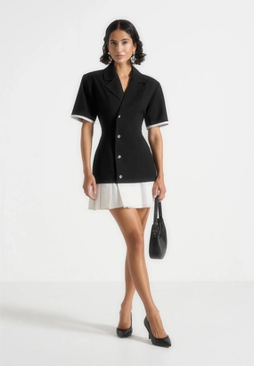 Baya - Tailored Cinch Waist Pleated Blazer Dress - Black Cotton Skin Warm Pink