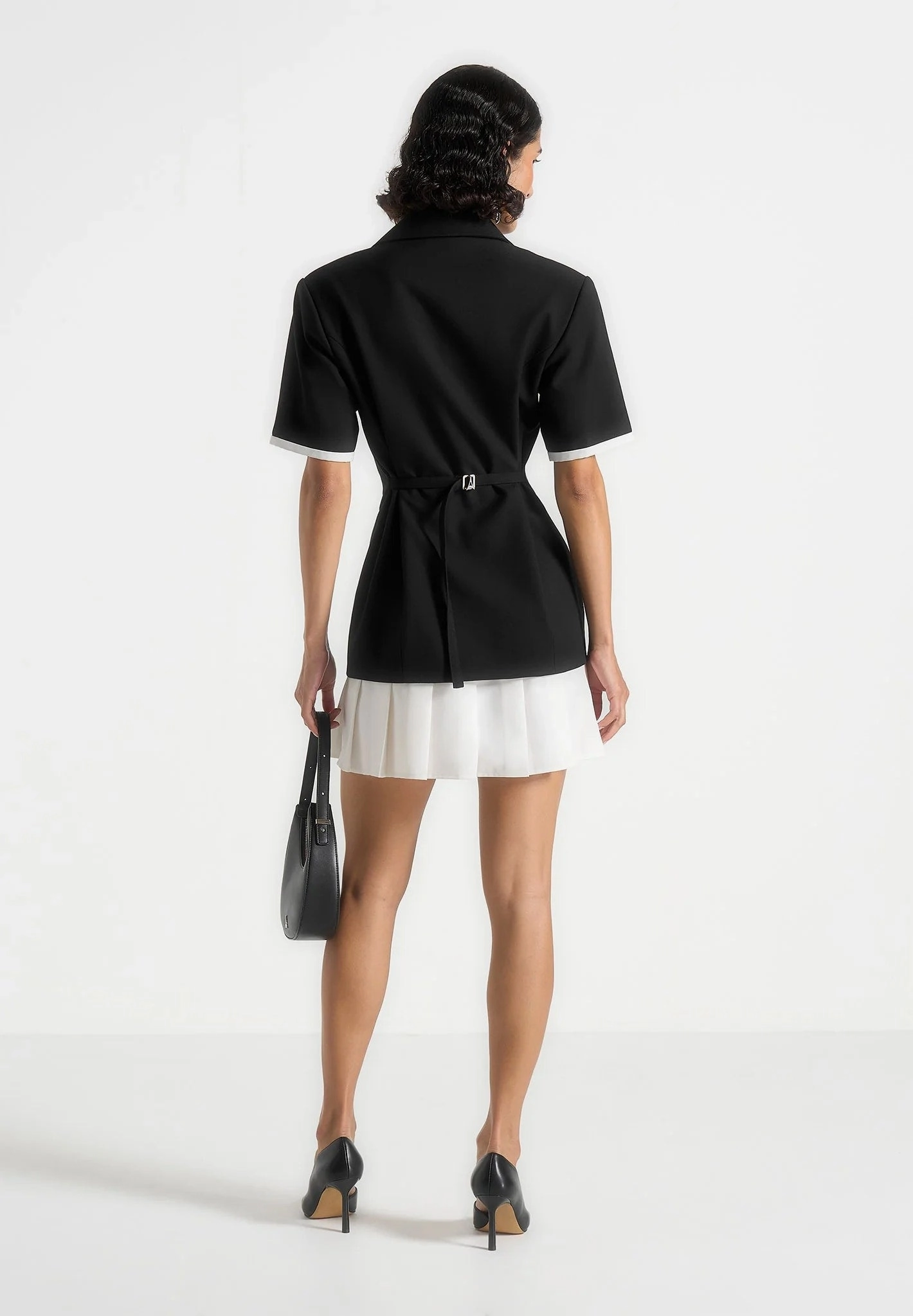 Baya - Tailored Cinch Waist Pleated Blazer Dress - Black Cap-Sleeve Art-Gallery