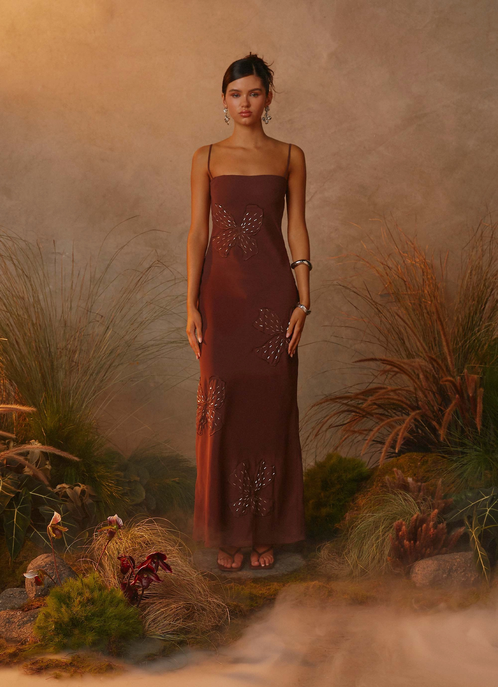 Bayla Beaded Flower Maxi Dress - Chocolate Quick Fit