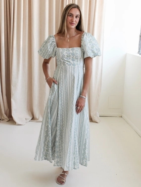 Buckle-Detail Wedding Style Taylor Puff Sleeve Maxi Dress