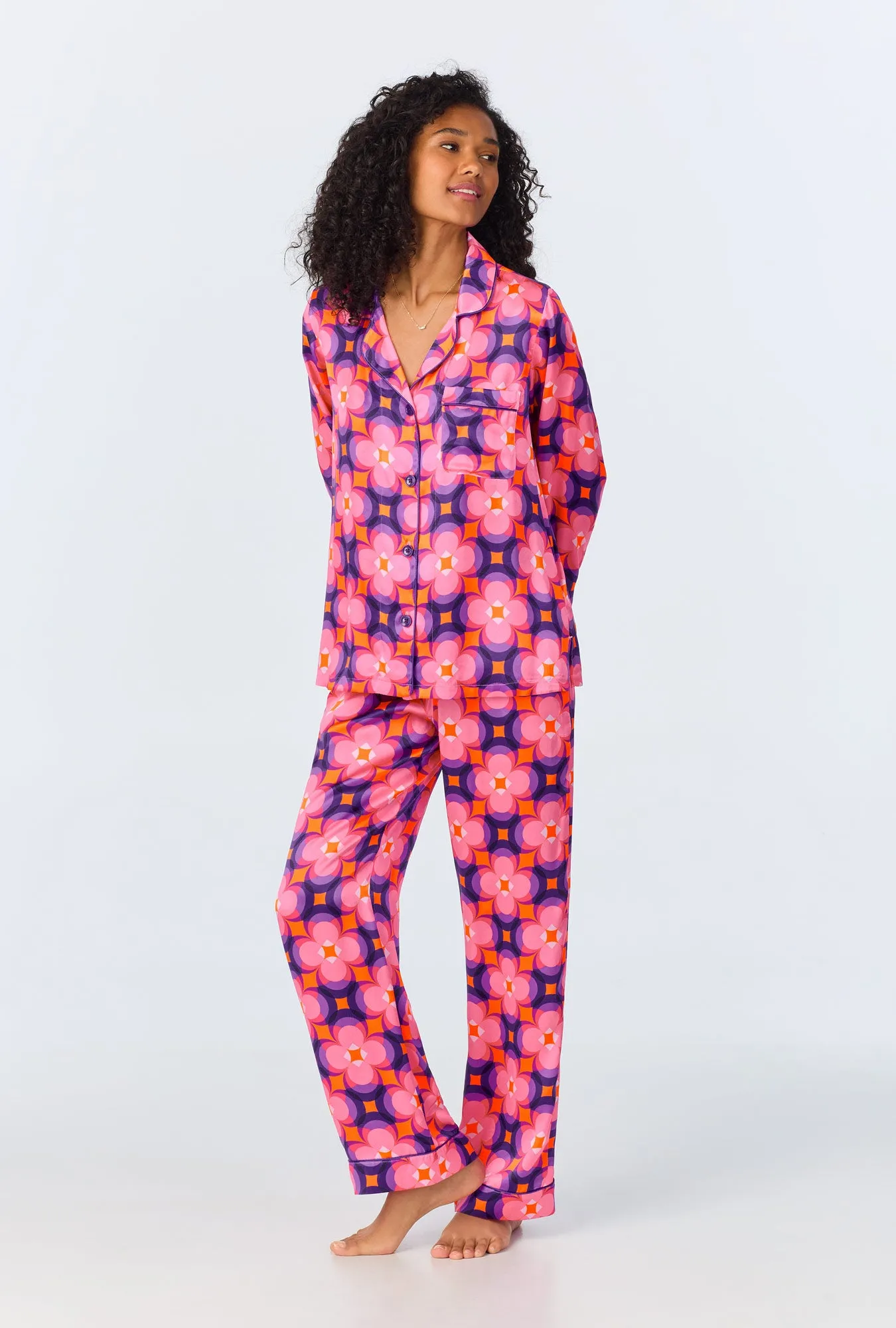 BedHead x Trina Turk Space Cat Long Sleeve Classic Woven Washable Silk PJ Set