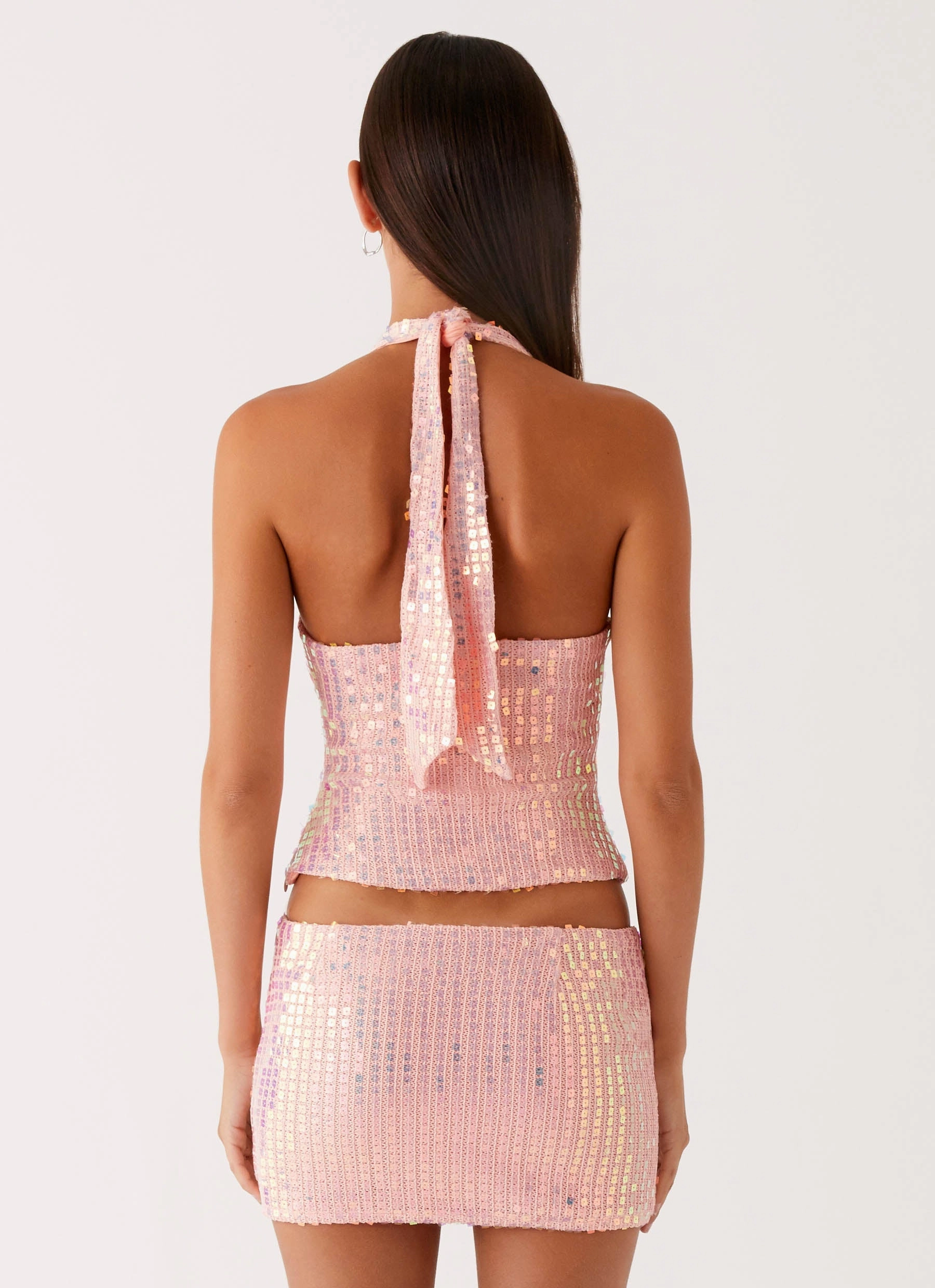 Been That Girl Halter Knit Sequin Top - Iridescent Pink DoubleStitchedSeams Basic Sweatshirt
