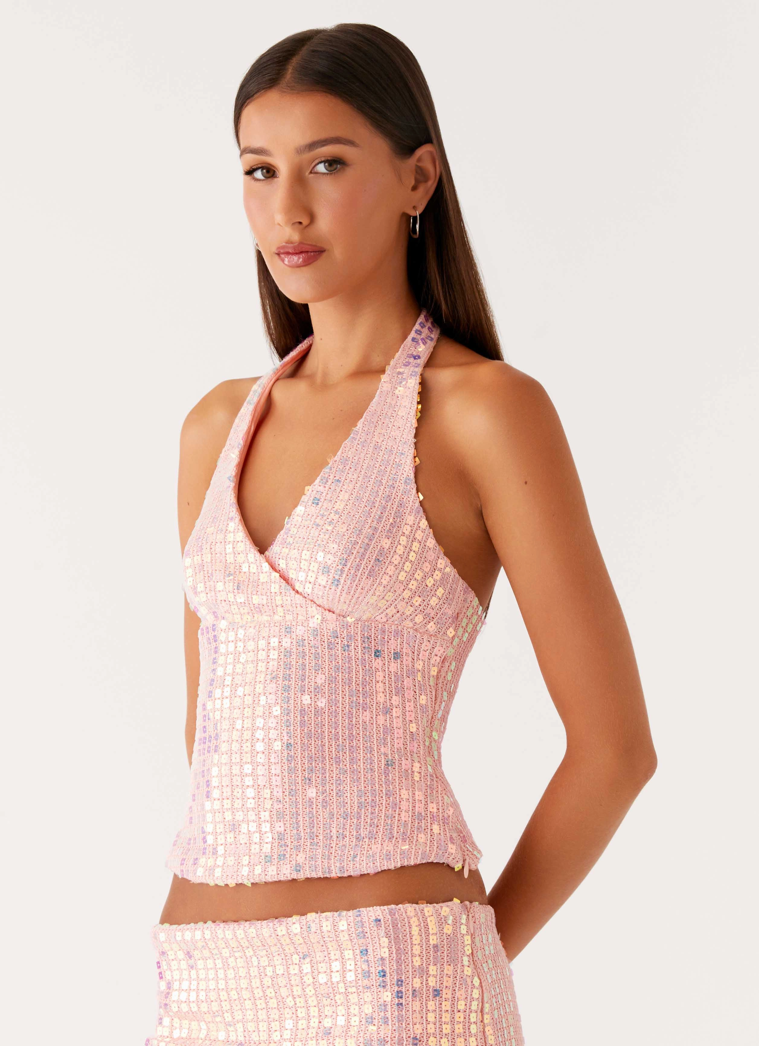 Been That Girl Halter Knit Sequin Top - Iridescent Pink Slim Silhouette