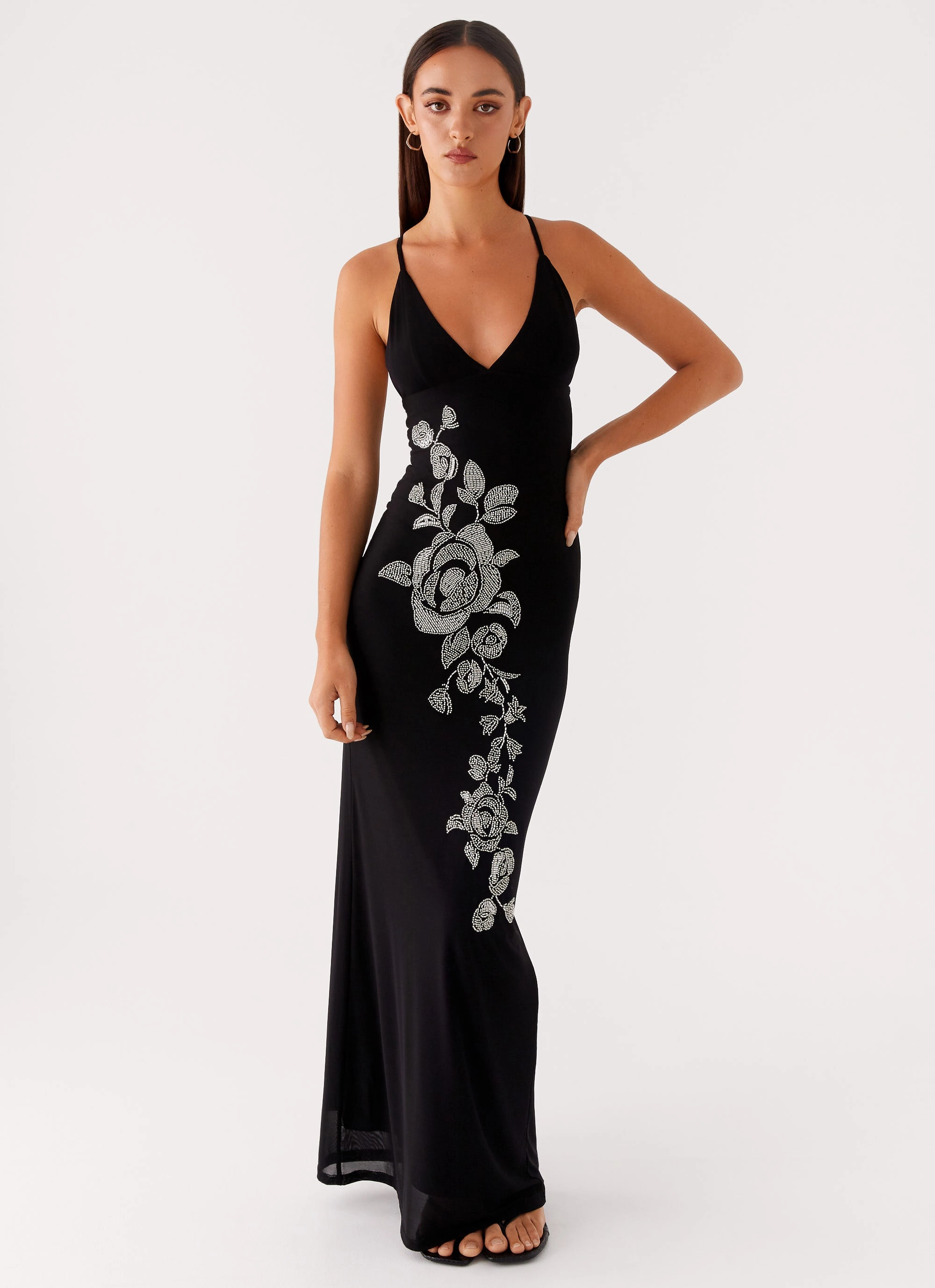 Sharp Edge Beki Beaded Mesh Maxi Dress - Black