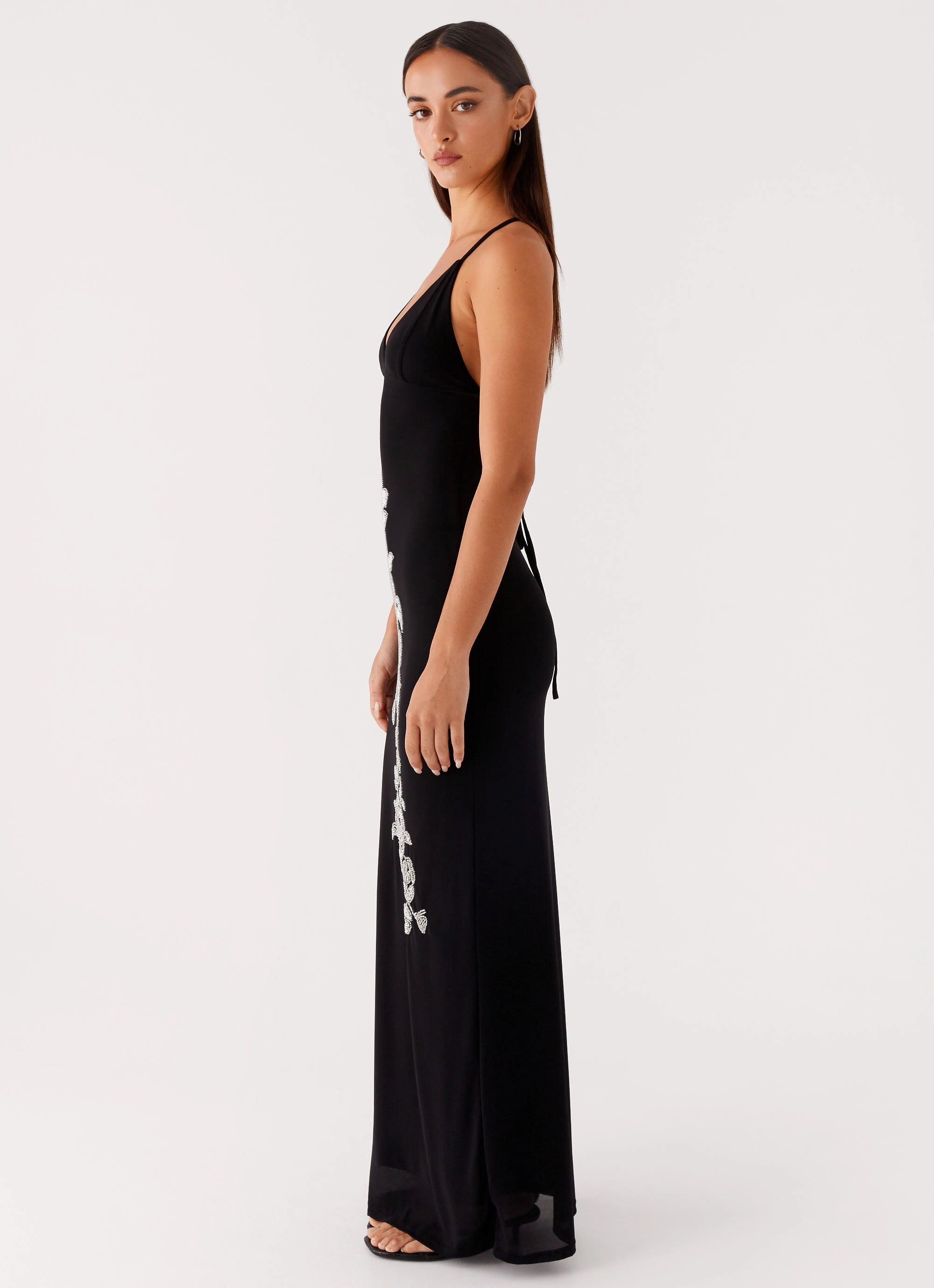 Elegant Flow Calm Silhouette Beki Beaded Mesh Maxi Dress - Black