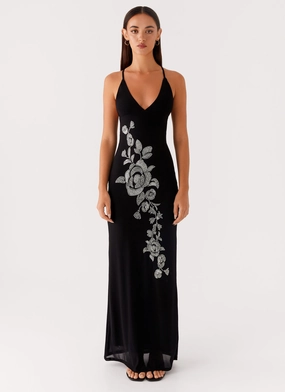 Beki Beaded Mesh Maxi Dress - Black Event Perfect