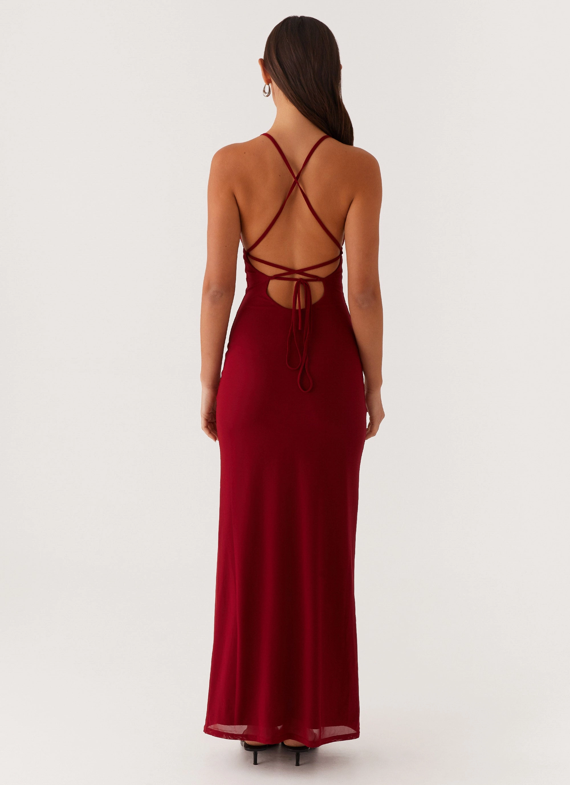 vacation look Beki Beaded Mesh Maxi Dress - Deep Red