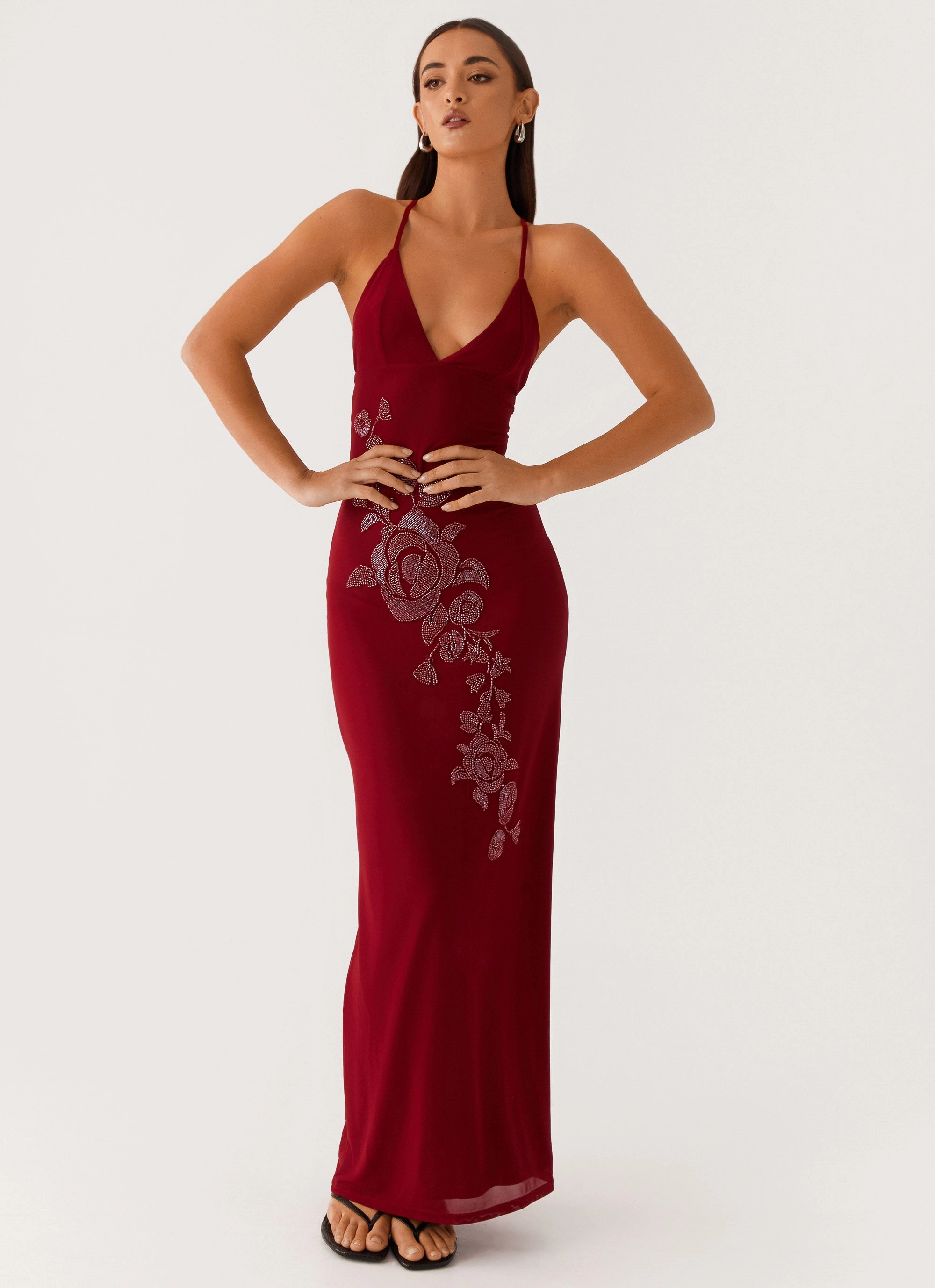 Beki Beaded Mesh Maxi Dress - Deep Red Smart and Relaxed